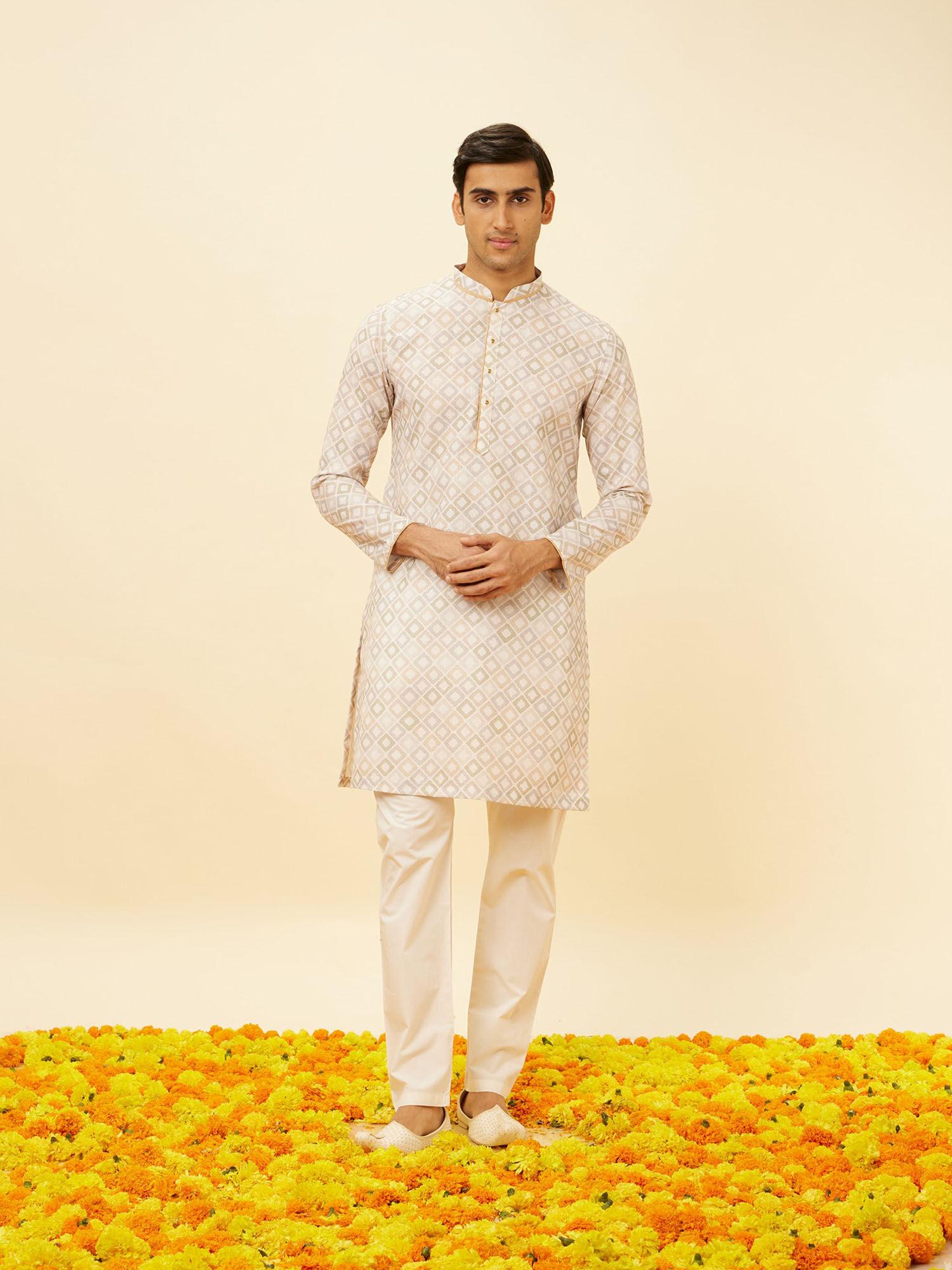 mens cream blended cotton kurta pyjama (set of 2)