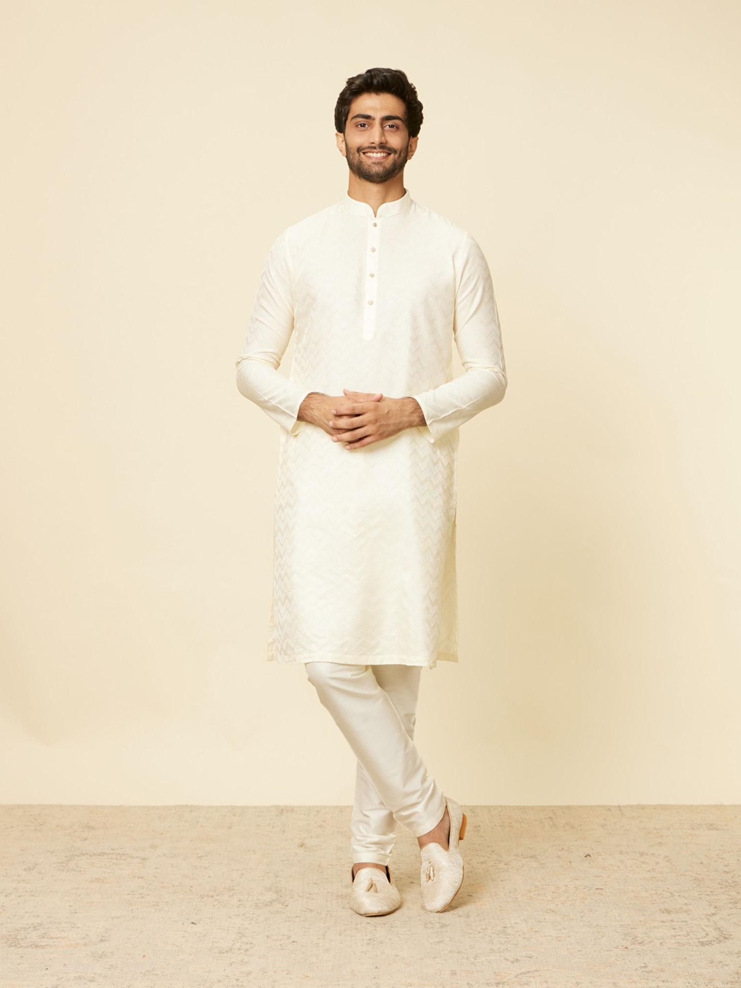 mens cream blended viscose self design kurta pyjama (set of 2)