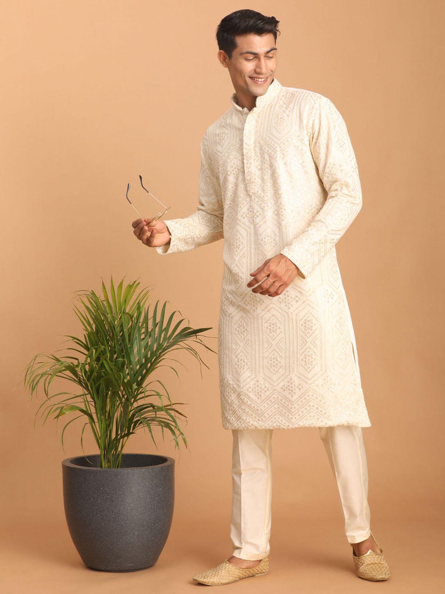 mens cream cotton blend kurta and pyjama (set of 2)