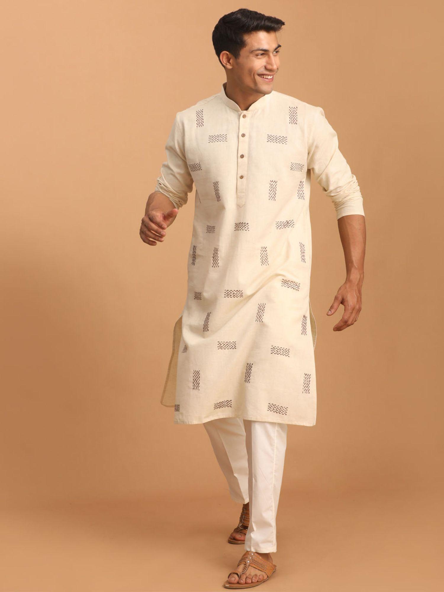 mens cream cotton kurta and pyjama (set of 2)