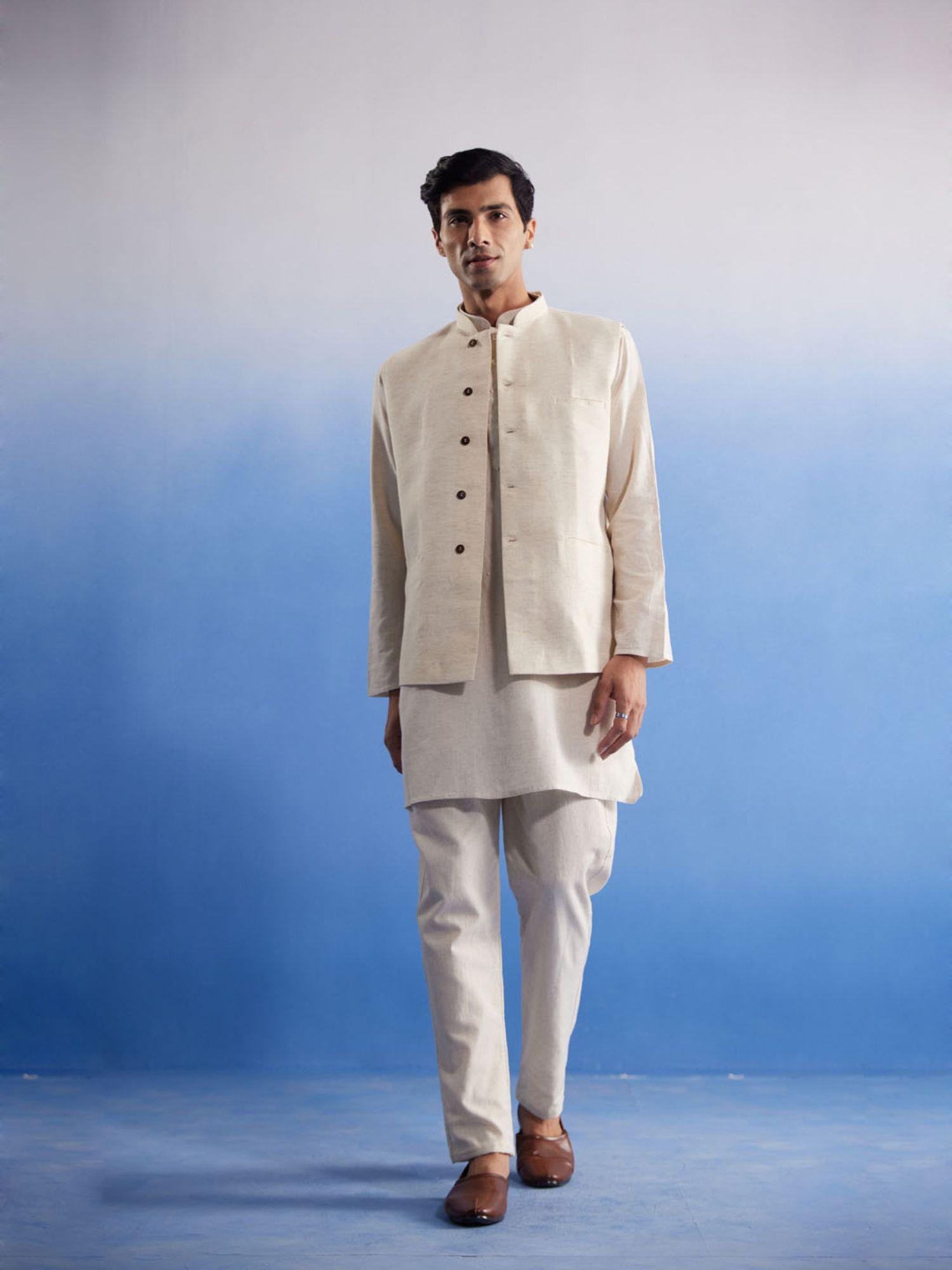 mens cream khadi cotton jacket kurta and pyjama (set of 3)