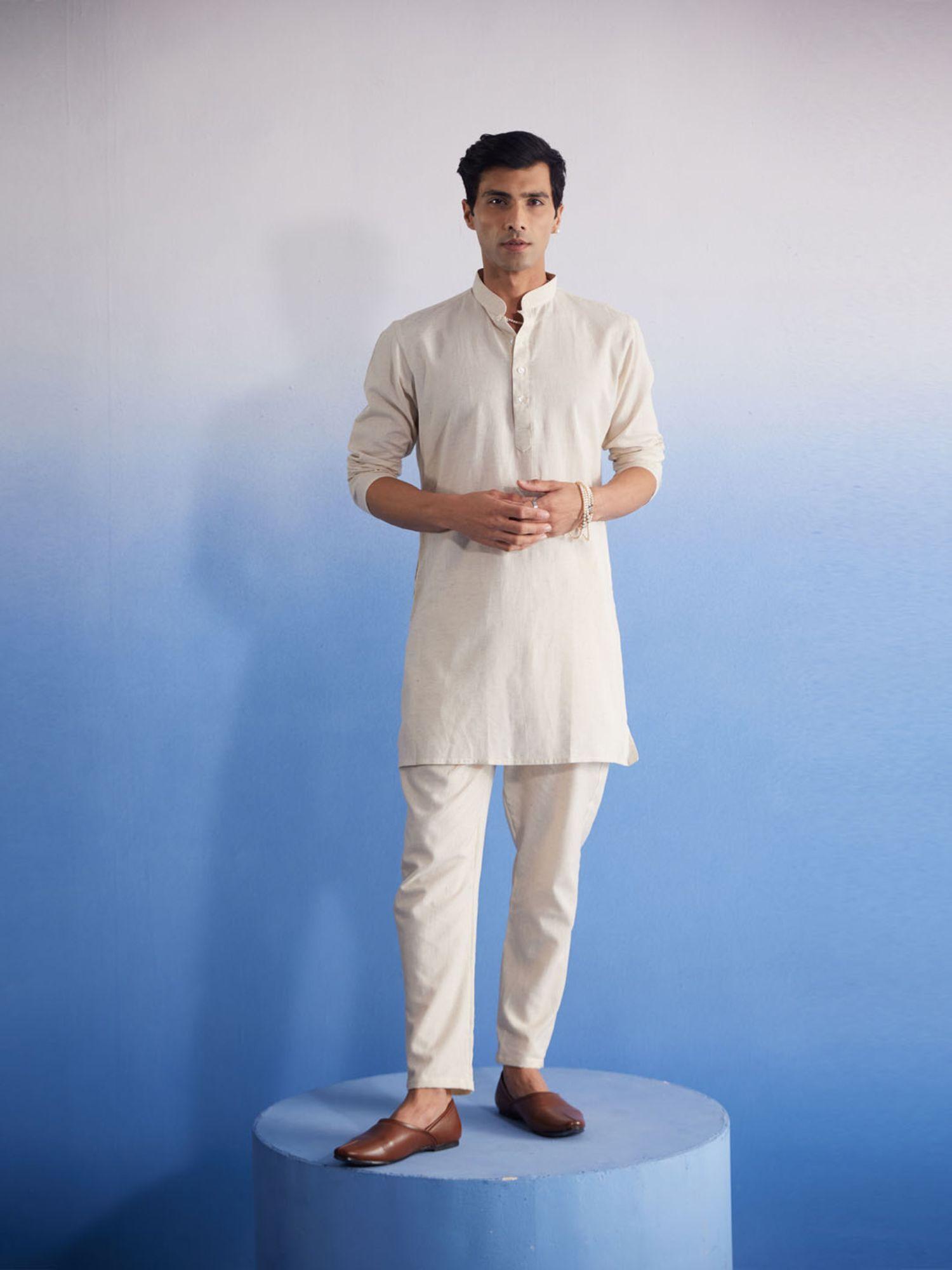 mens cream khadi cotton kurta and pyjama (set of 2)