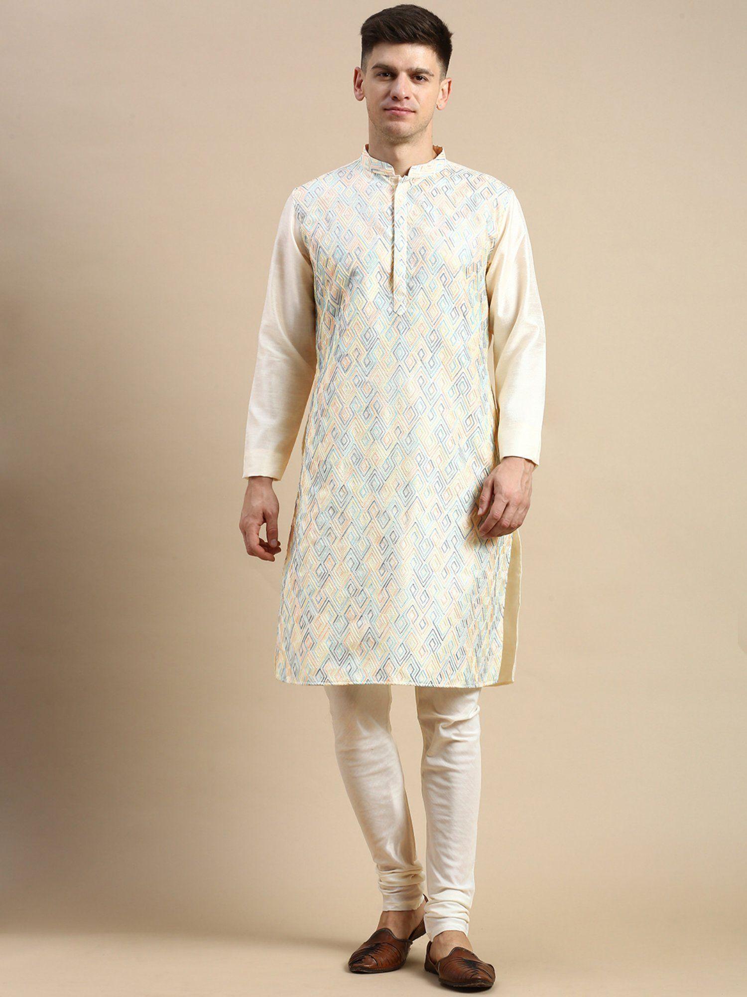 mens cream kurta churidar (set of 2)