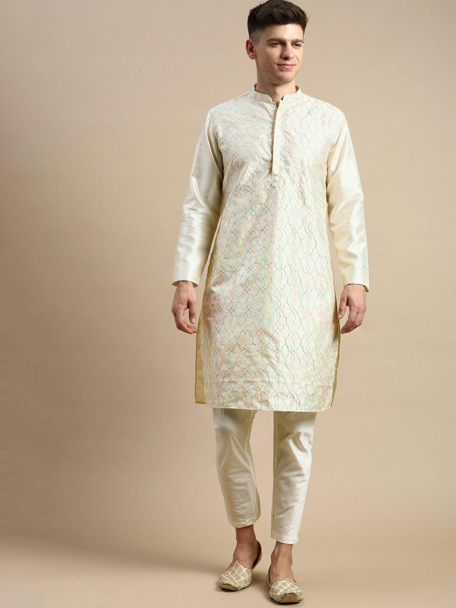 mens cream kurta trousers (set of 2)