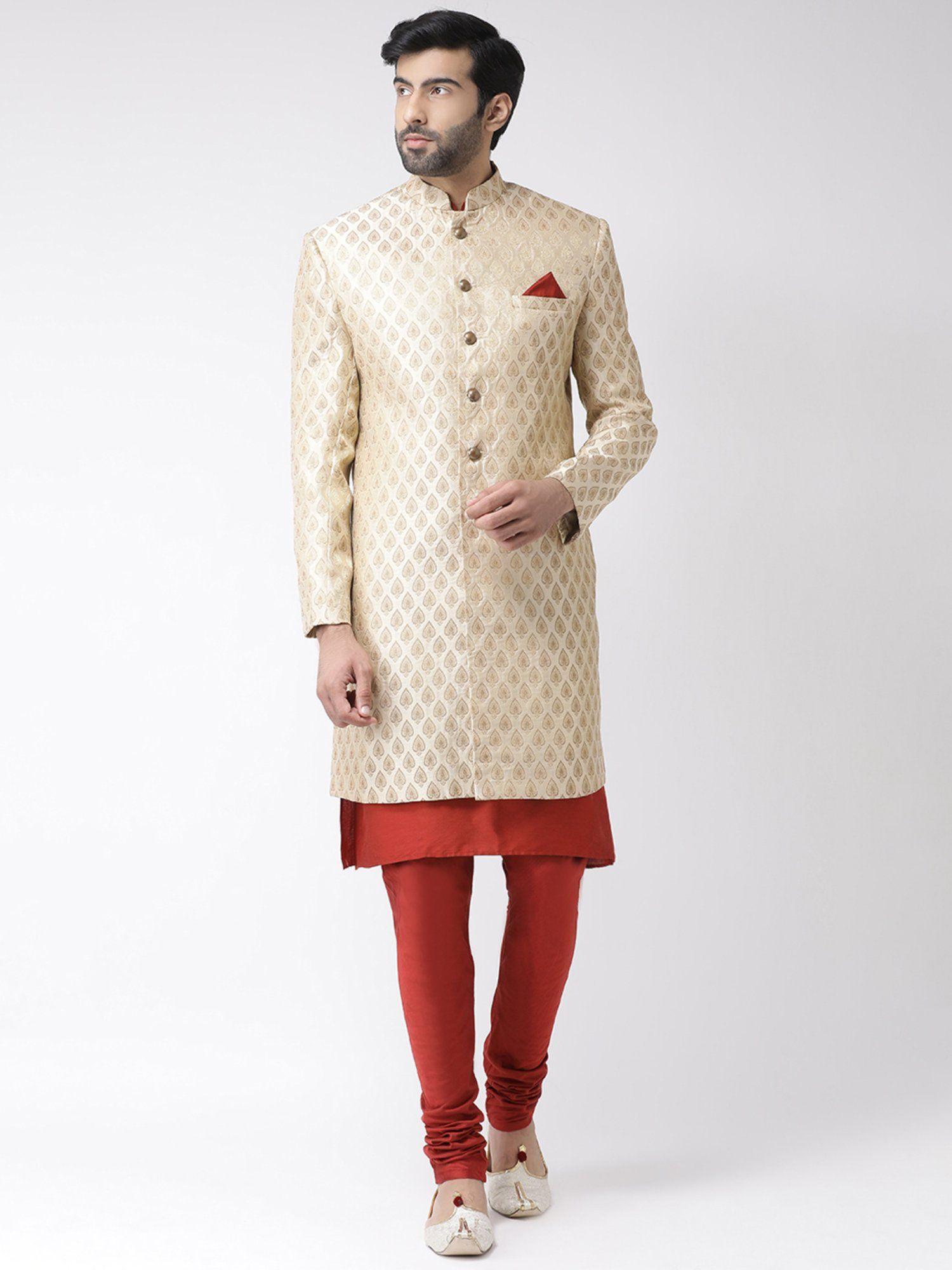 mens cream sherwani churidar kurta (set of 3)