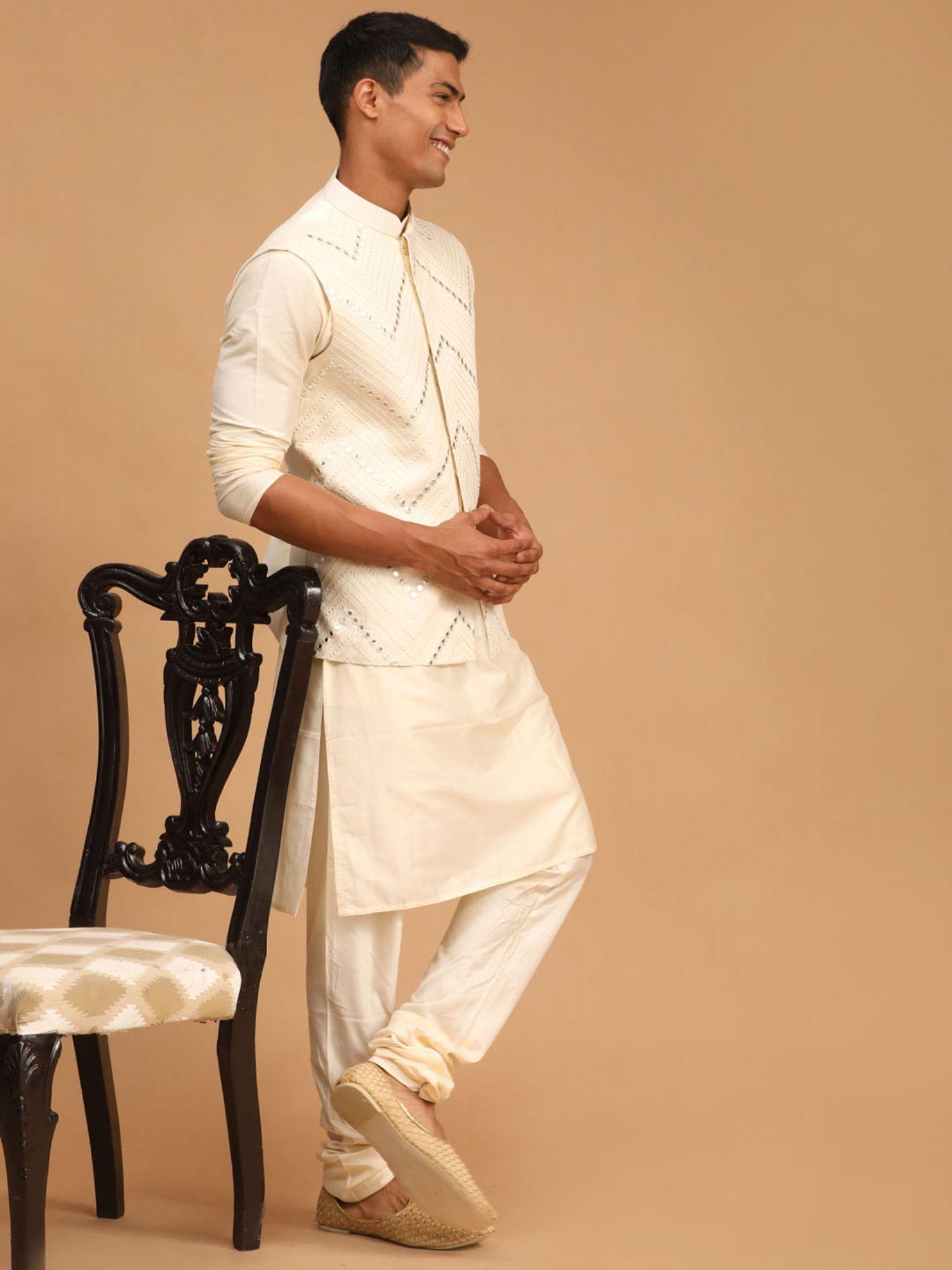 mens cream viscose jacket kurta and pyjama (set of 3)