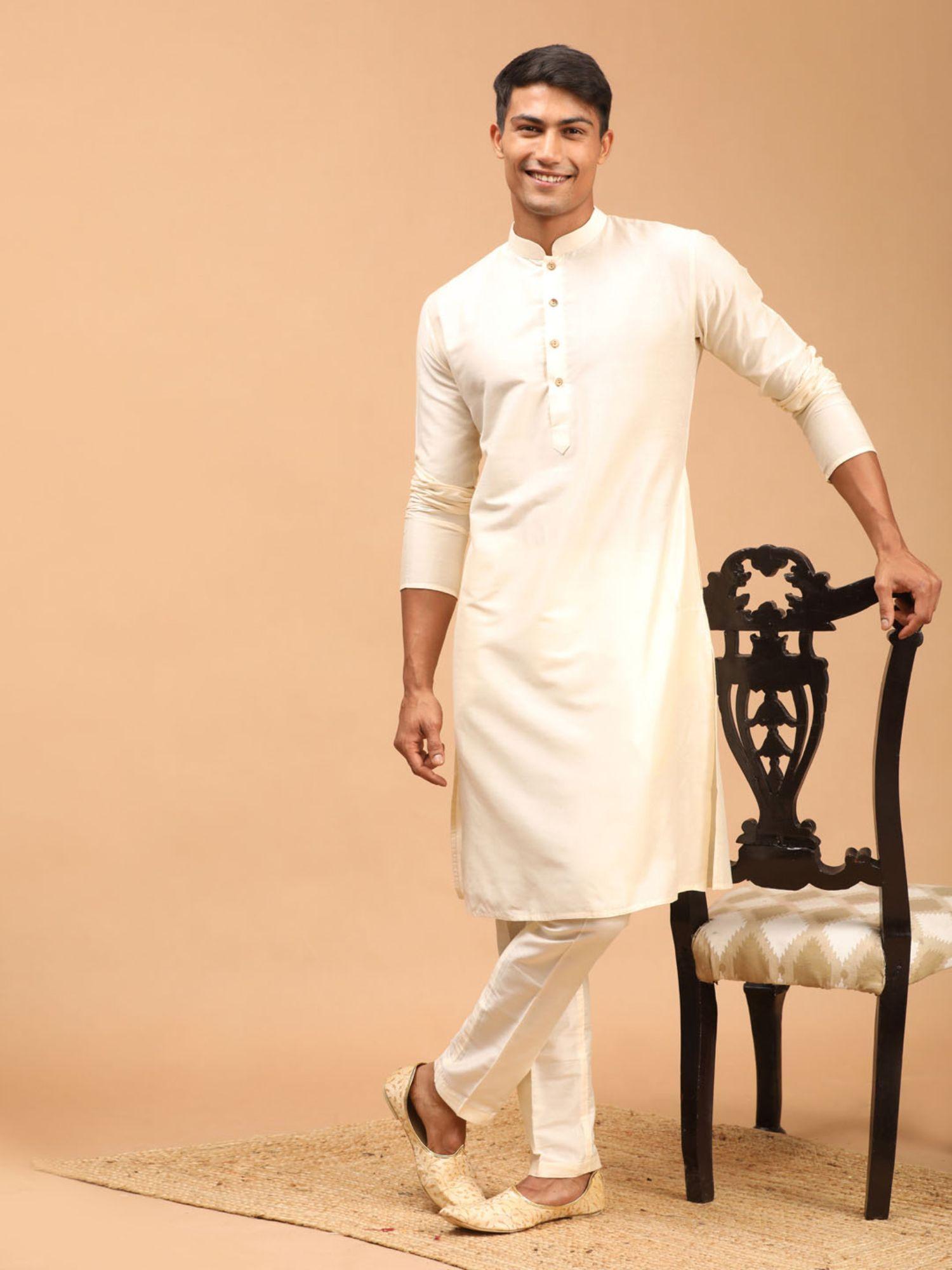 mens cream viscose kurta and pyjama (set of 2)