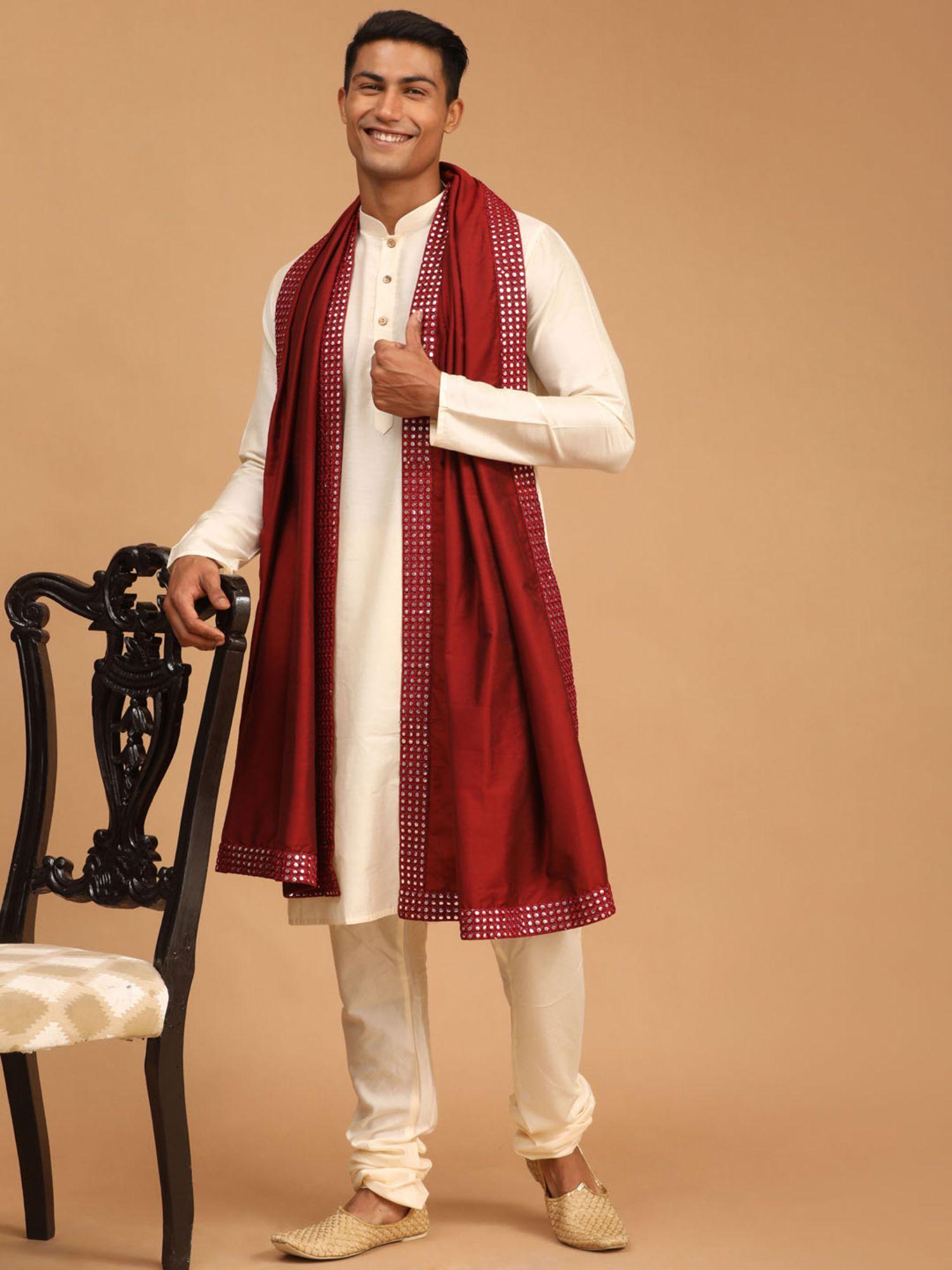 mens cream viscose kurta pyjama and dupatta (set of 3)