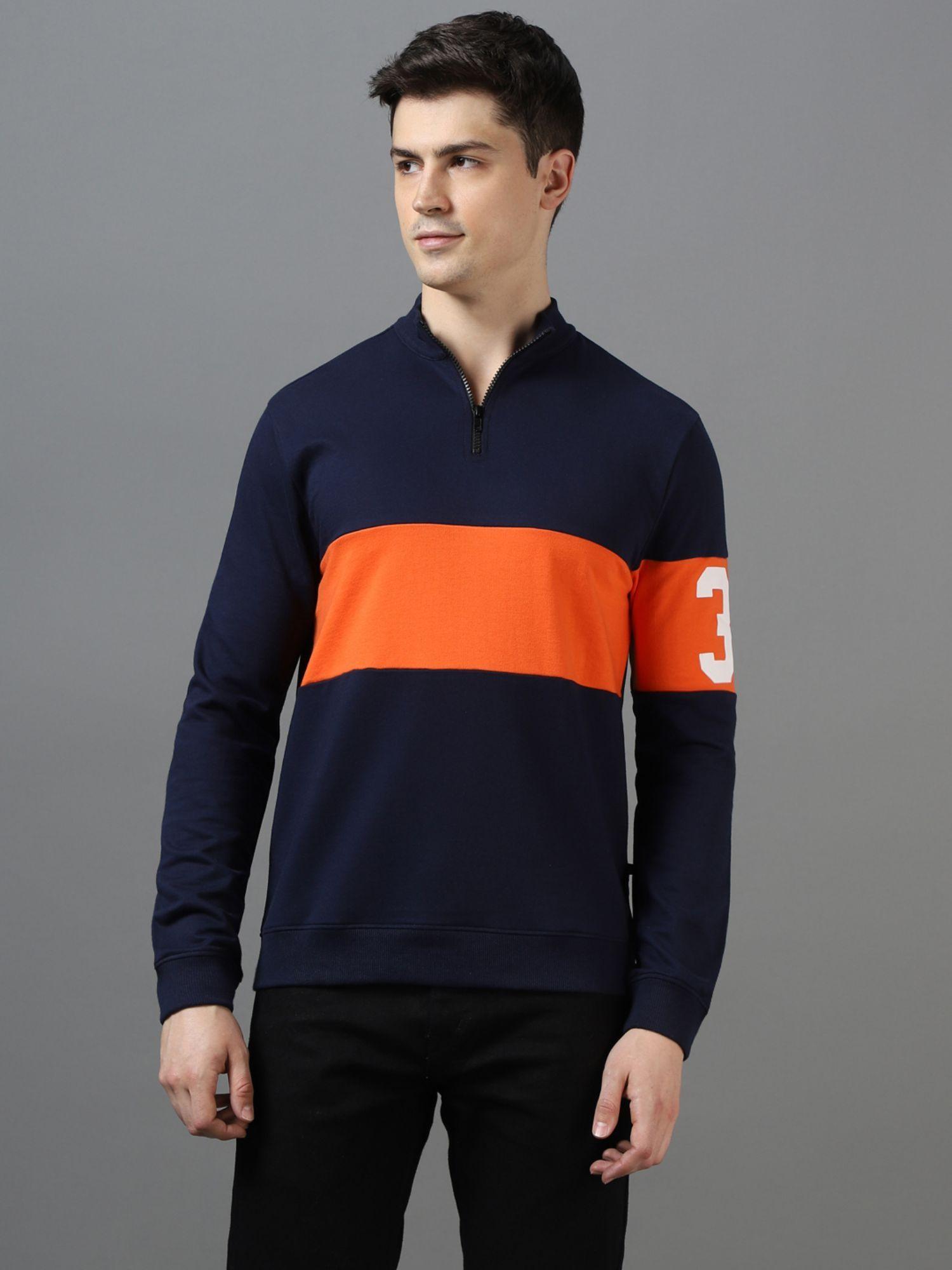 mens dark blue cotton color block round neck sweatshirt