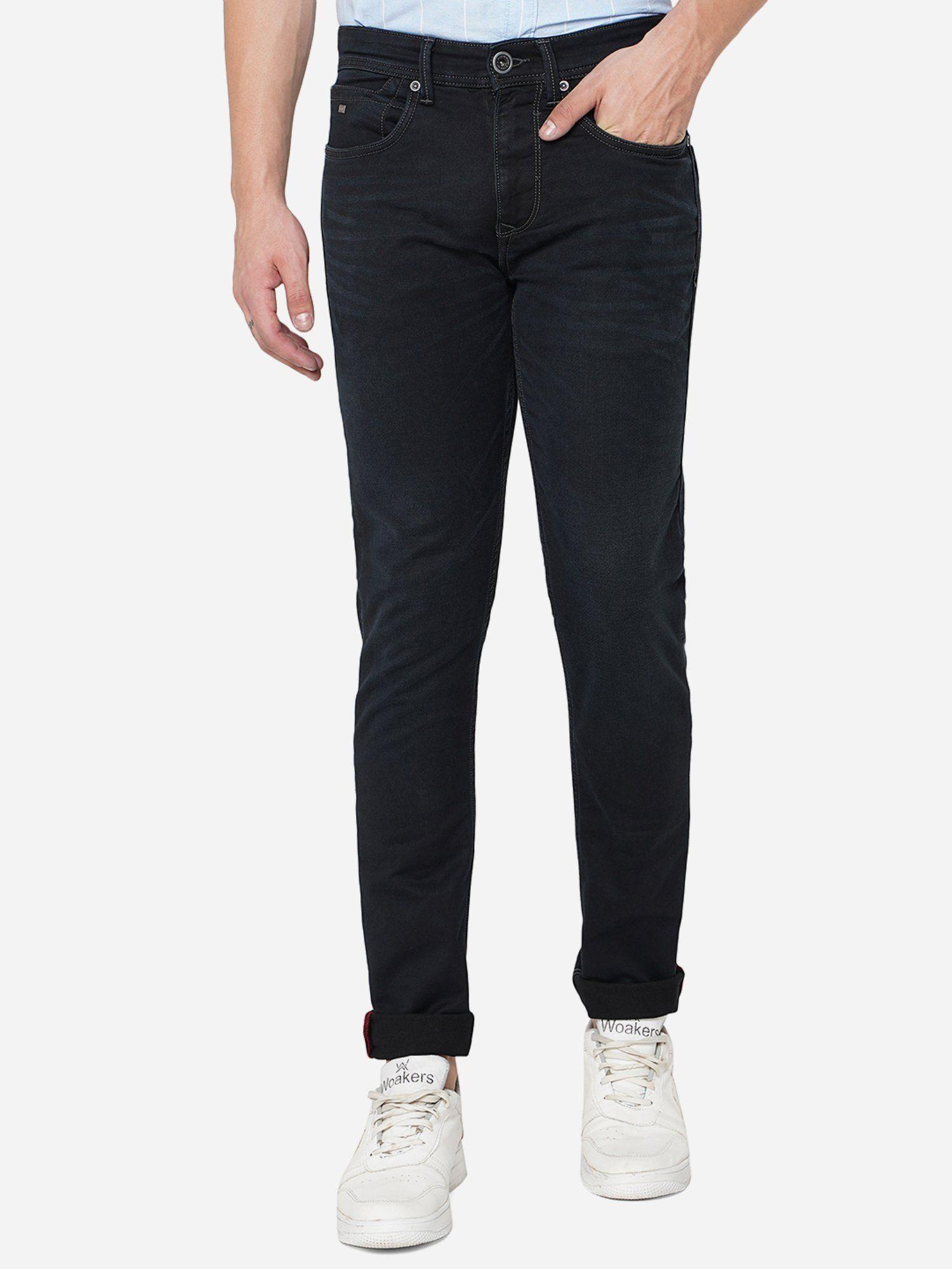 mens dark blue cotton stretch slim fit washed jeans