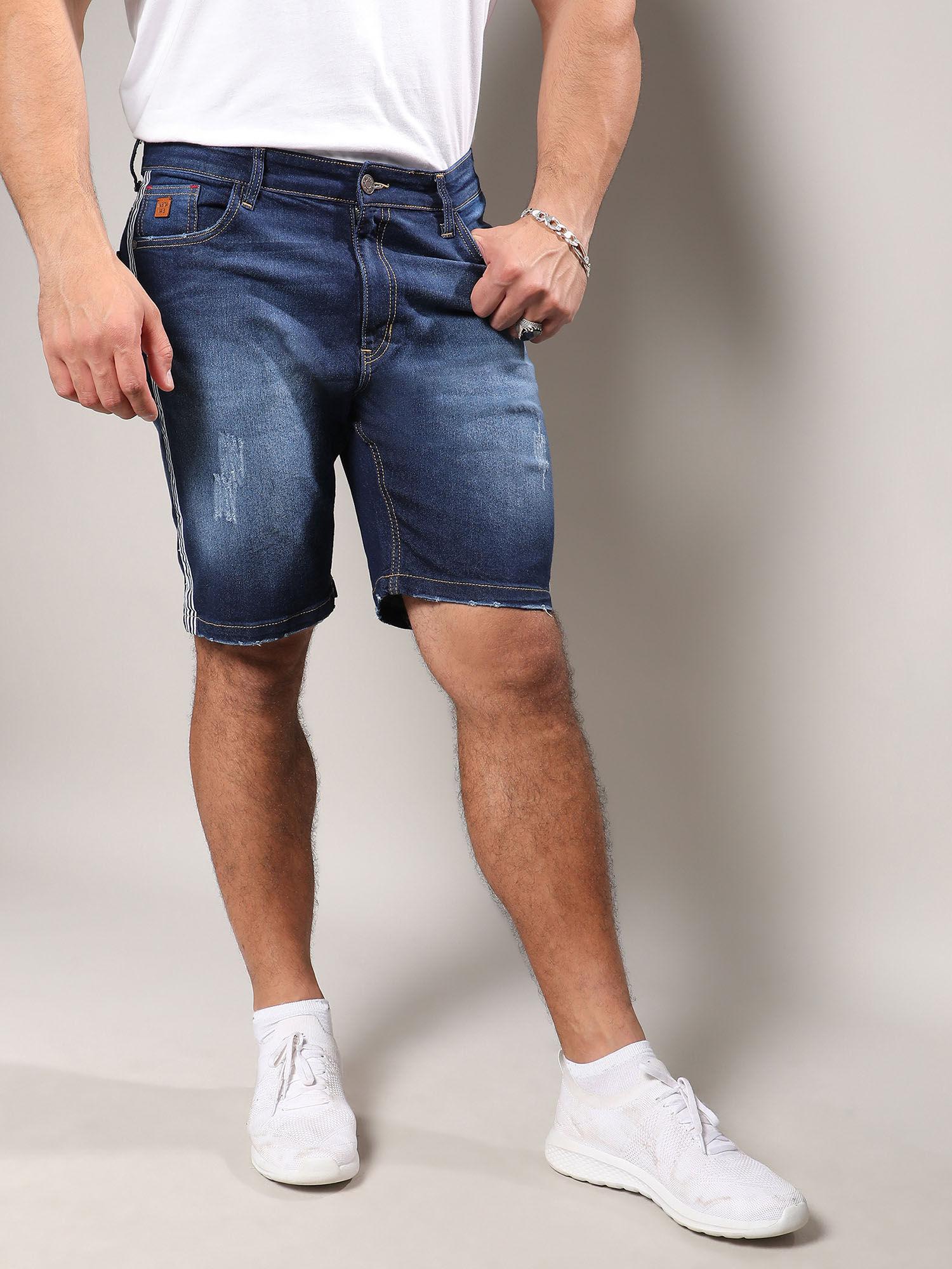 mens dark blue side-striped denim shorts