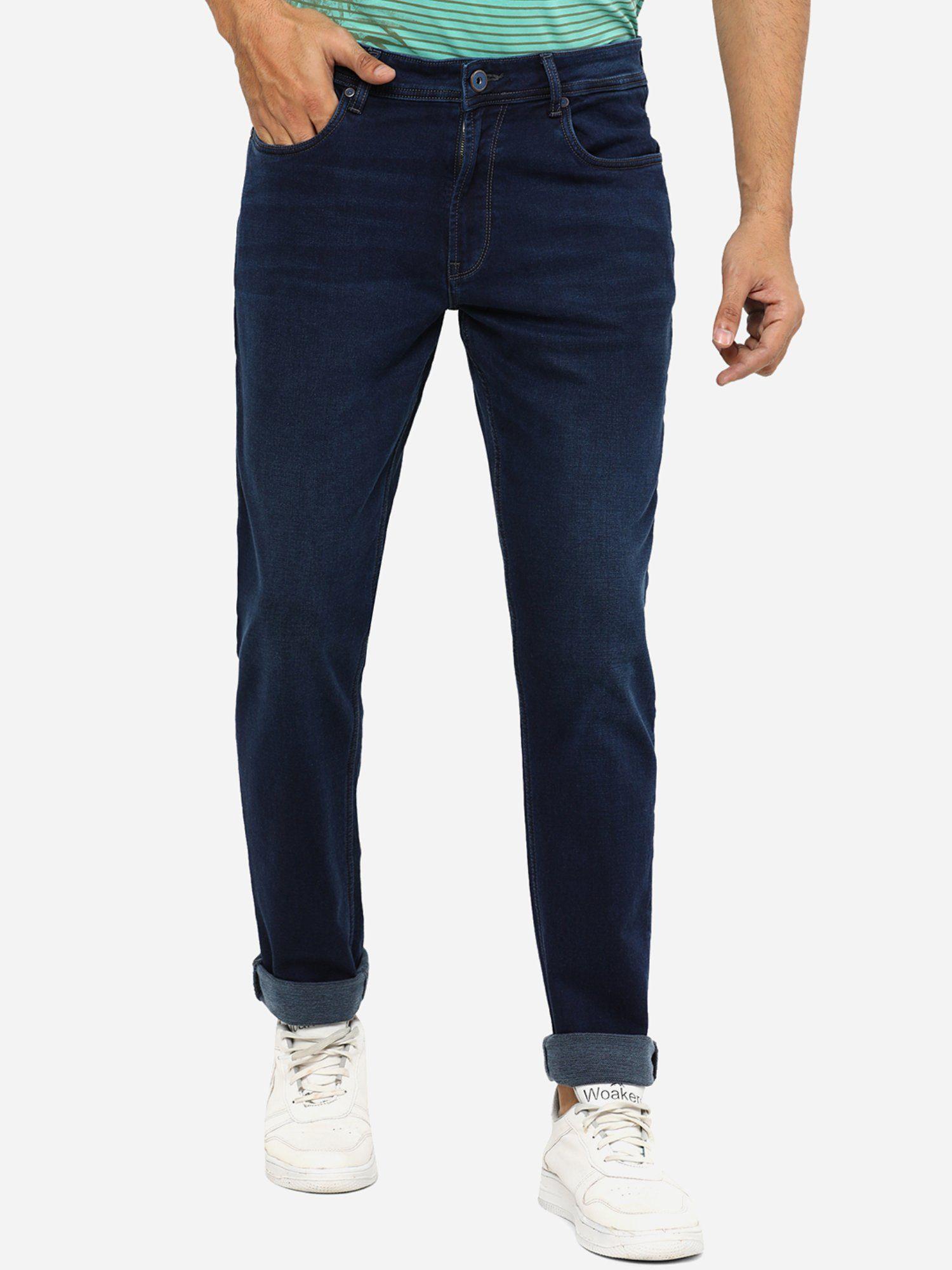mens dark blue washed straight fit jeans