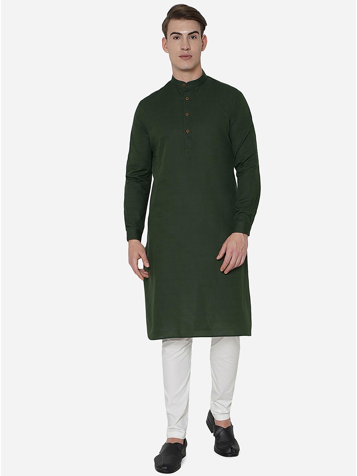 mens dark green 100% cotton regular fit self-textured modi kurta