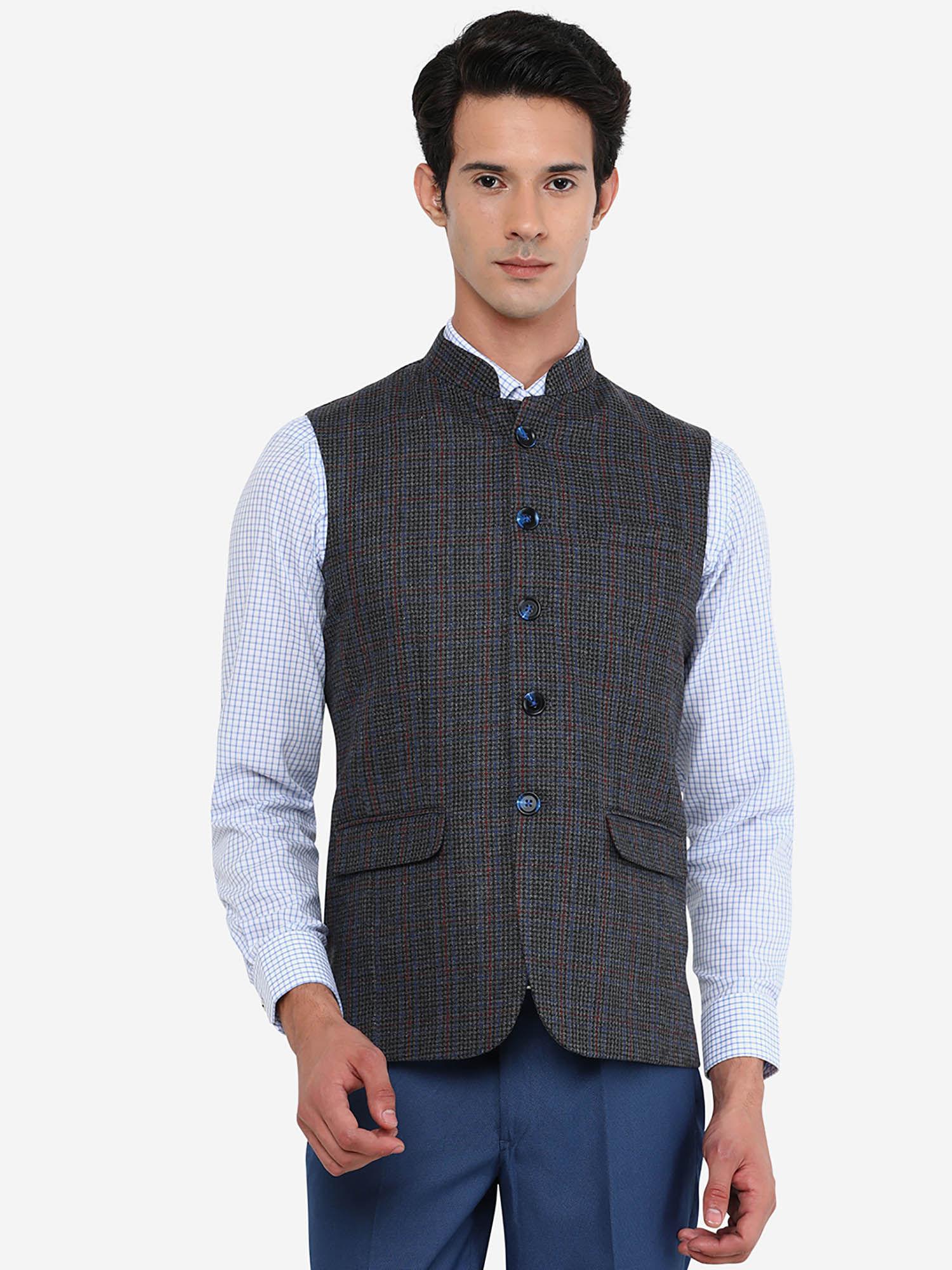 mens dark grey terry wool solid regular fit waist coat (bandhgala jacket)