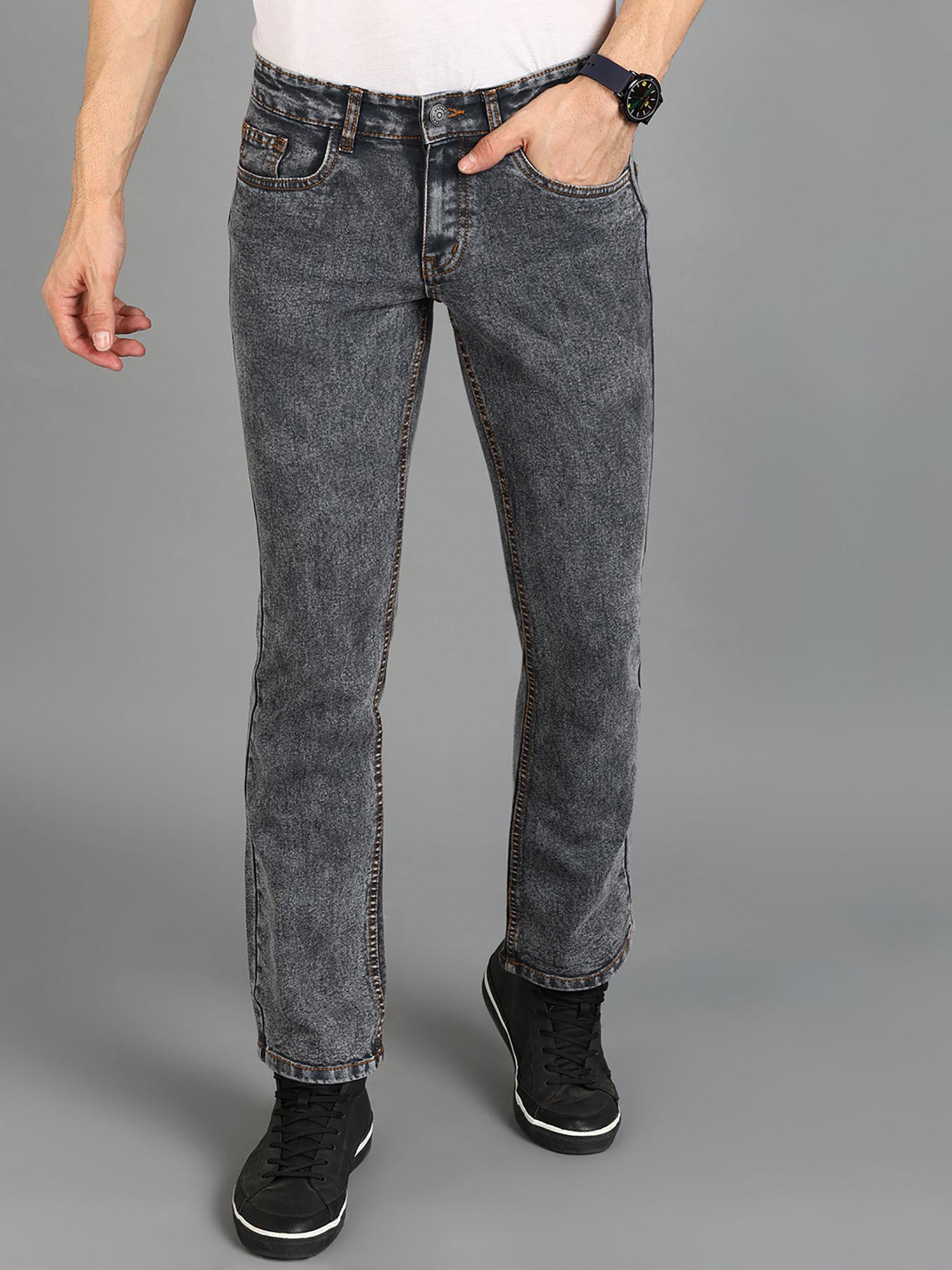 mens dark grey washed bootcut jeans stretchable