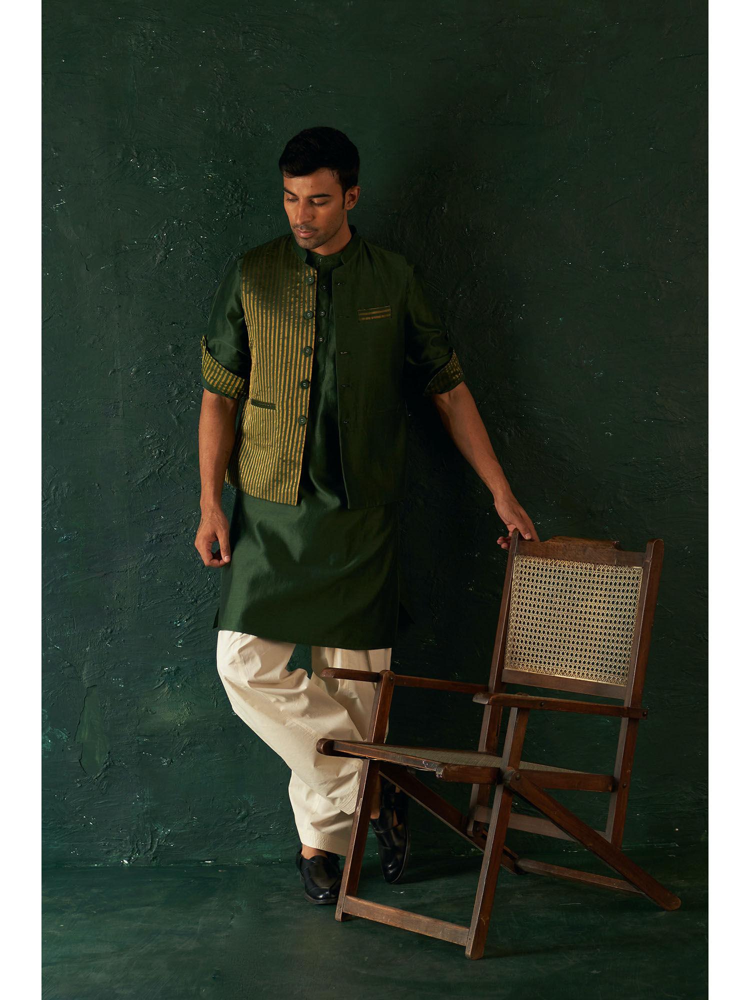 mens deep green straight kurta with salwar and jacket (set of 3)