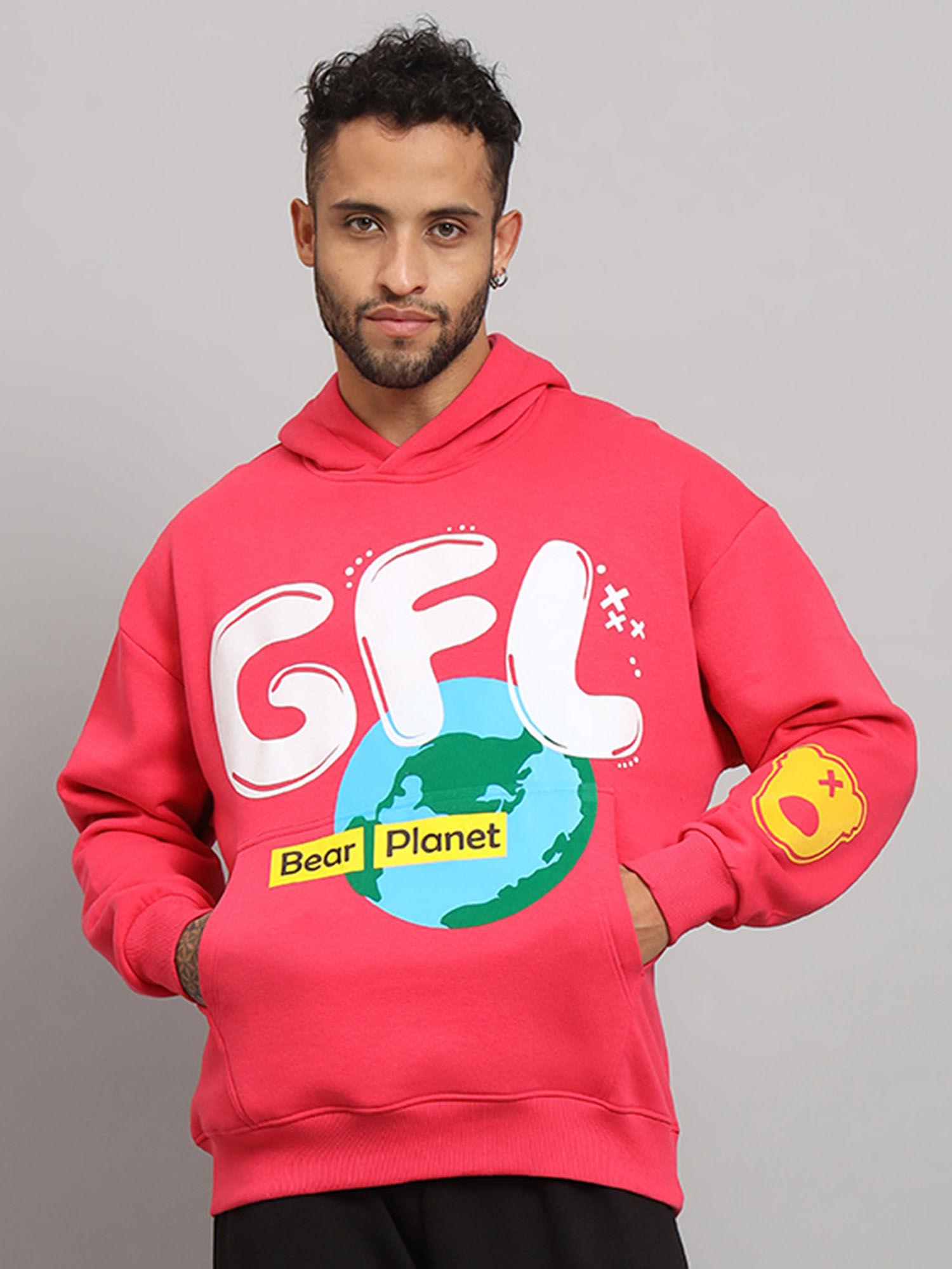 mens earth print front logo oversized fleece hoodie neon pink sweatshirt