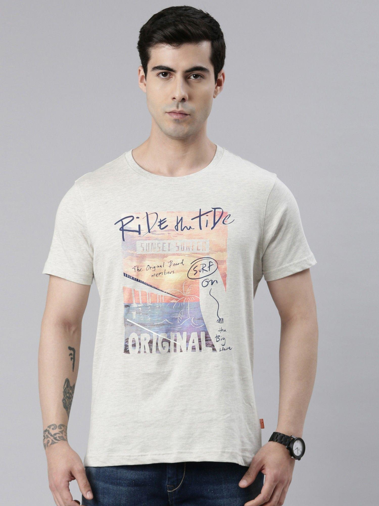 mens ecru melange printed regular fit cotton carl round neck tee