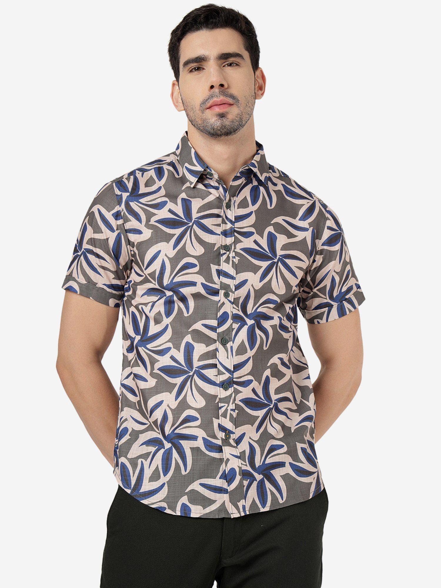 mens floral printed grey slim fit half sleeve casual shirt