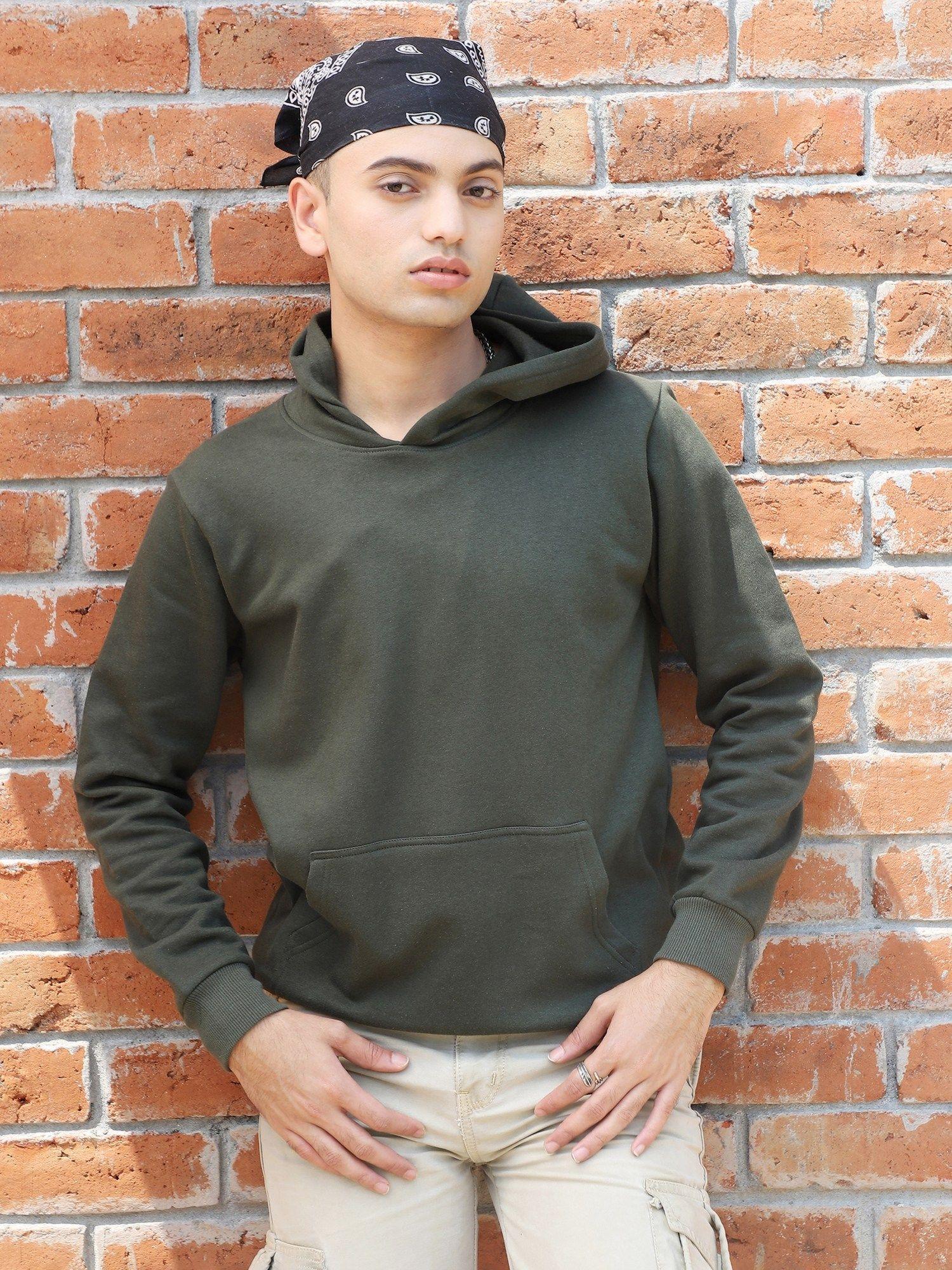 mens forest green pullover hoodie with contrast drawstring