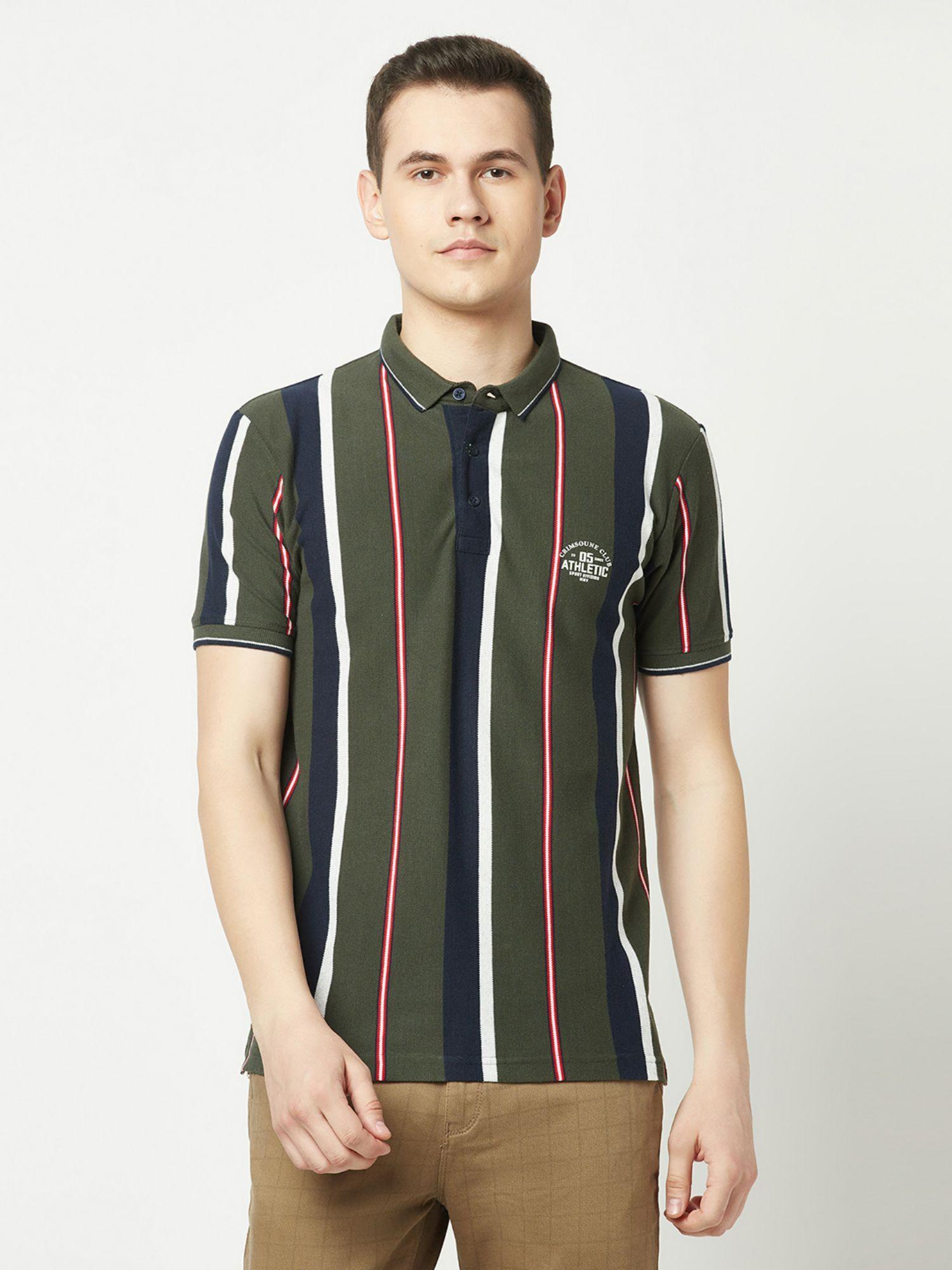 mens forest green striped polo t-shirt