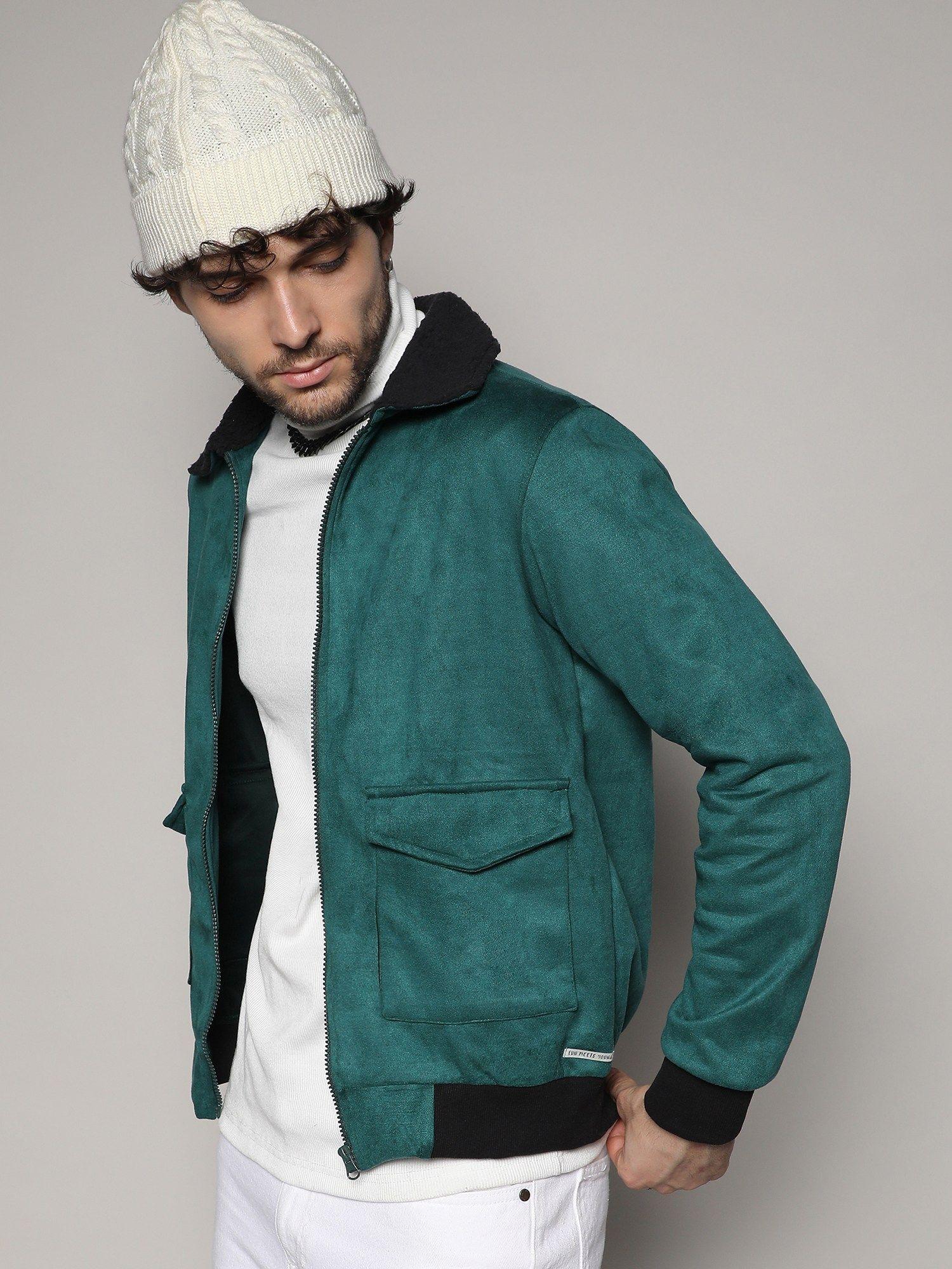 mens forest green zip-front jacket with fleece collar