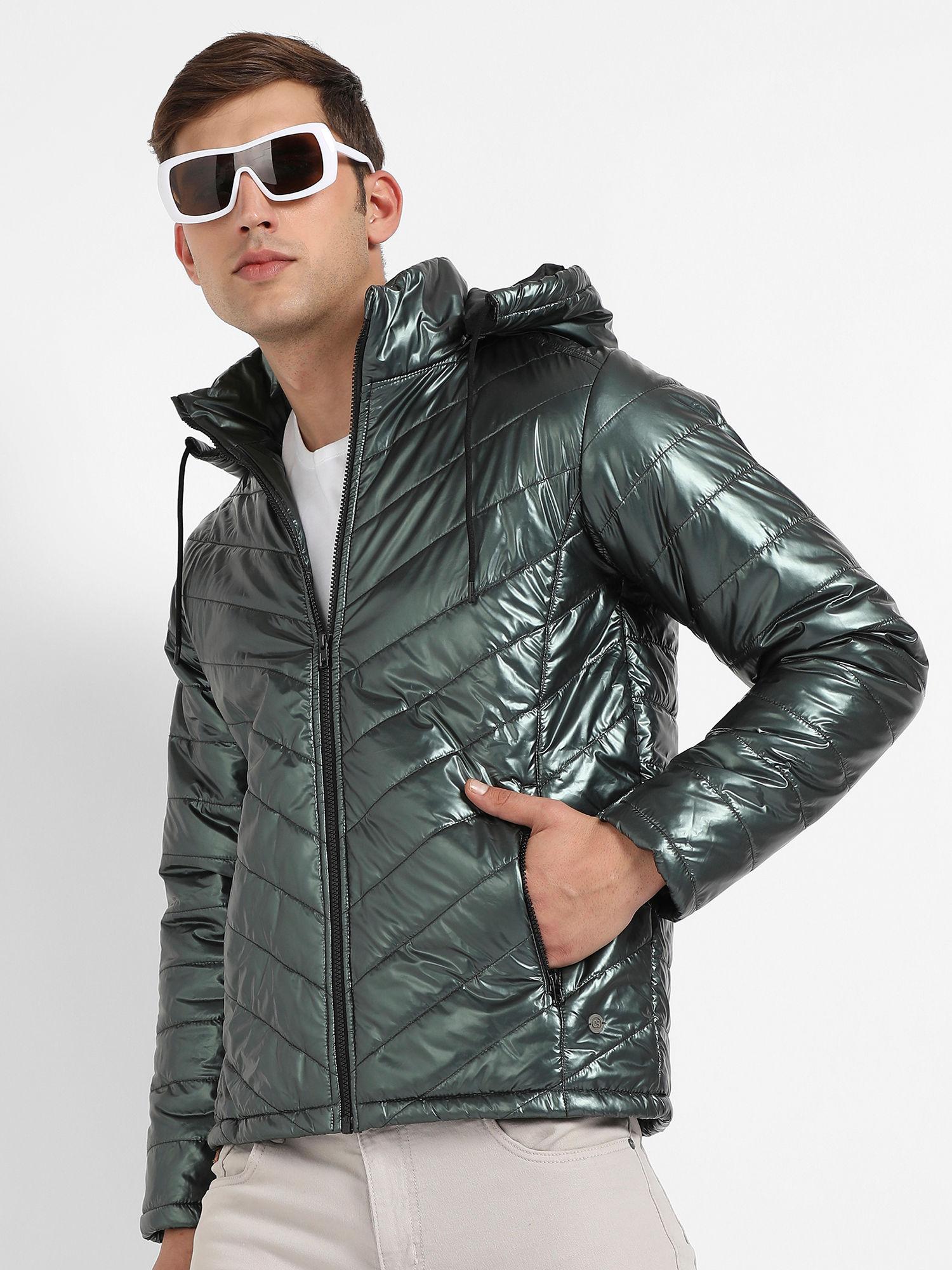 mens forest green zip front quilted puffer jacket