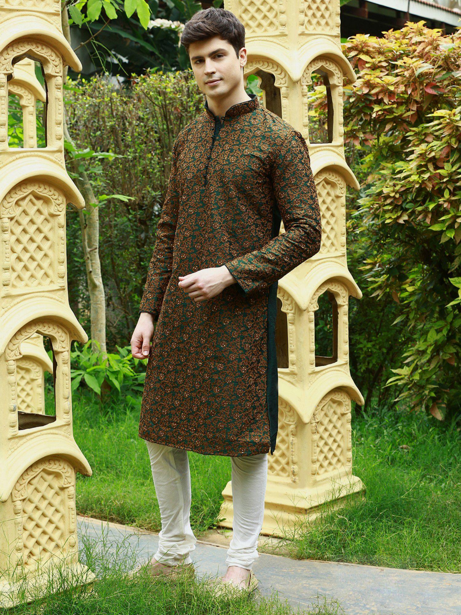 mens four leaf designer embroidered kurta with churidar pyjamas (set of 2)