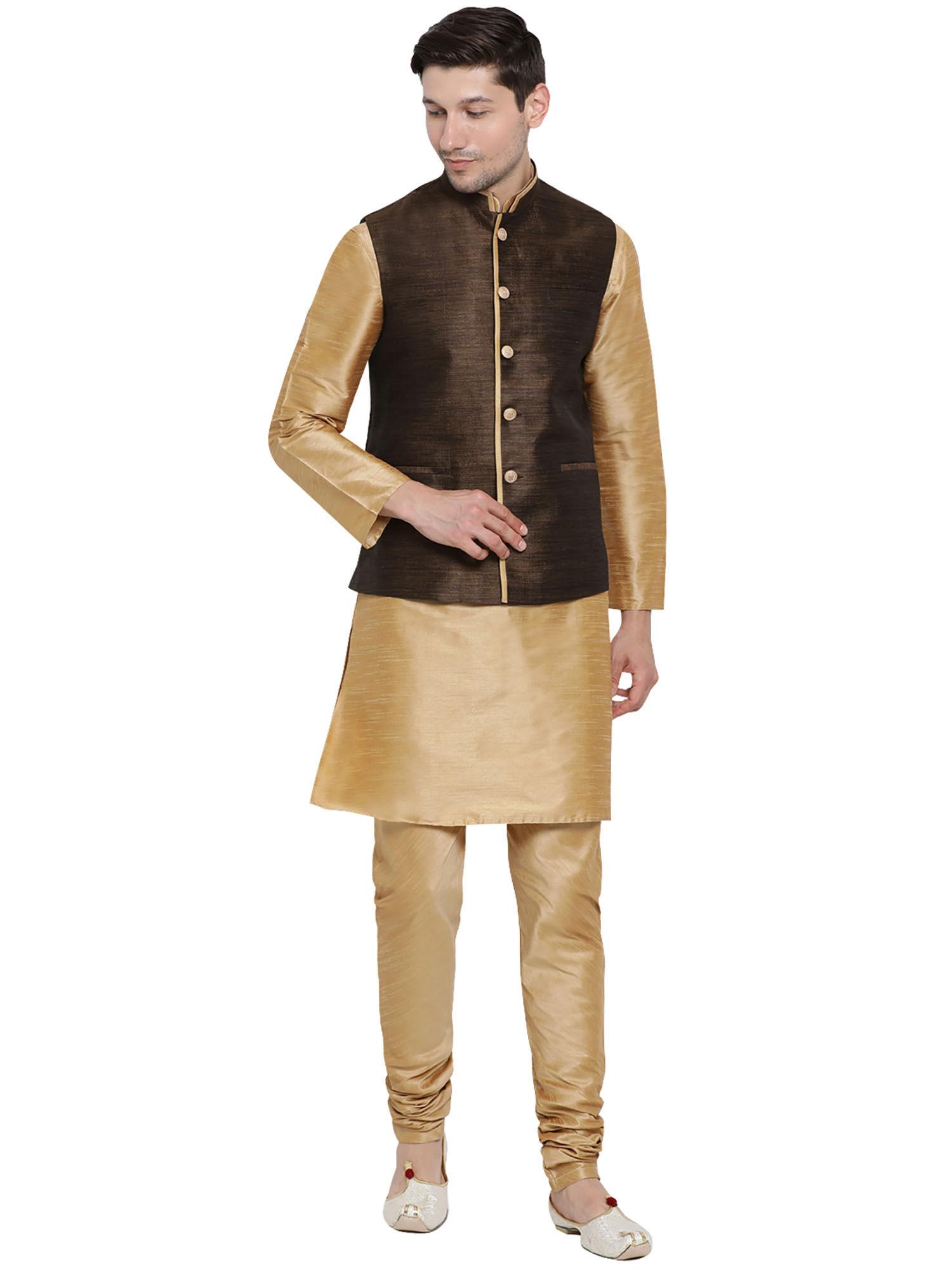 mens gold silk blend jacket, kurta and pyjama (set of 3)