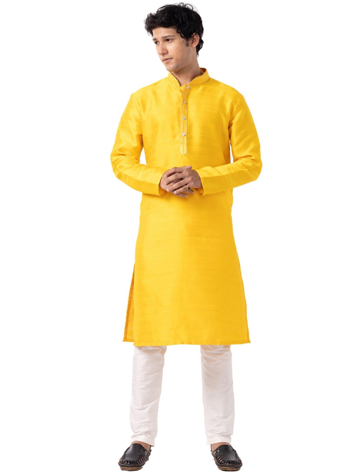 mens golden yellow silk blend solid ethnic kurta