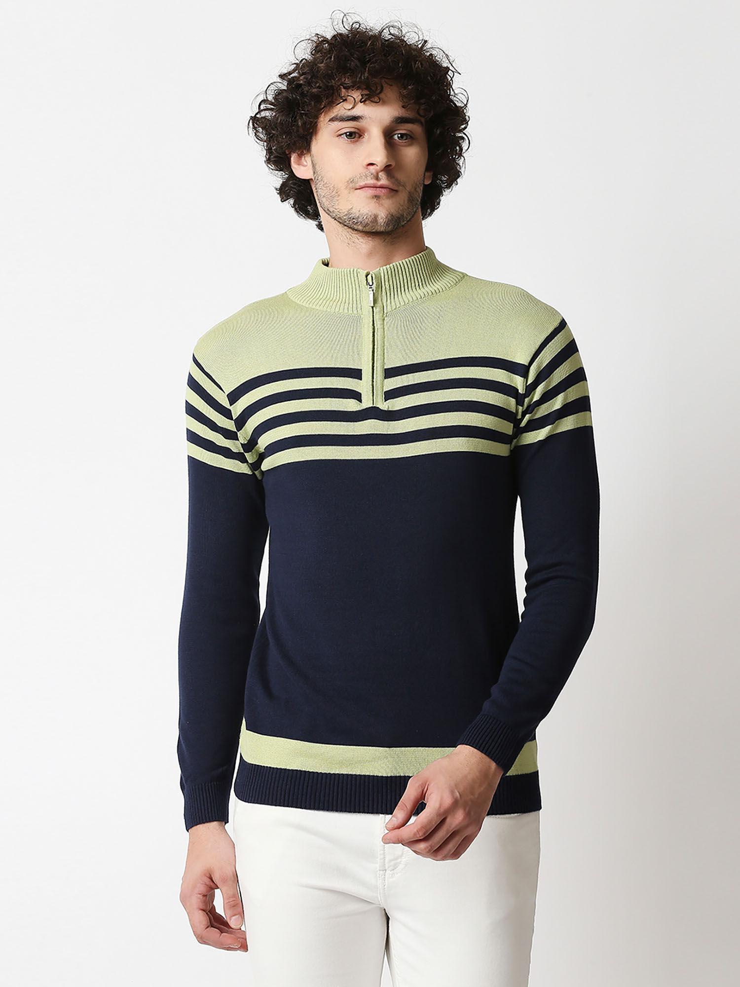 mens green & navy blue flat knit zipper full sleeves slim fit tshirt