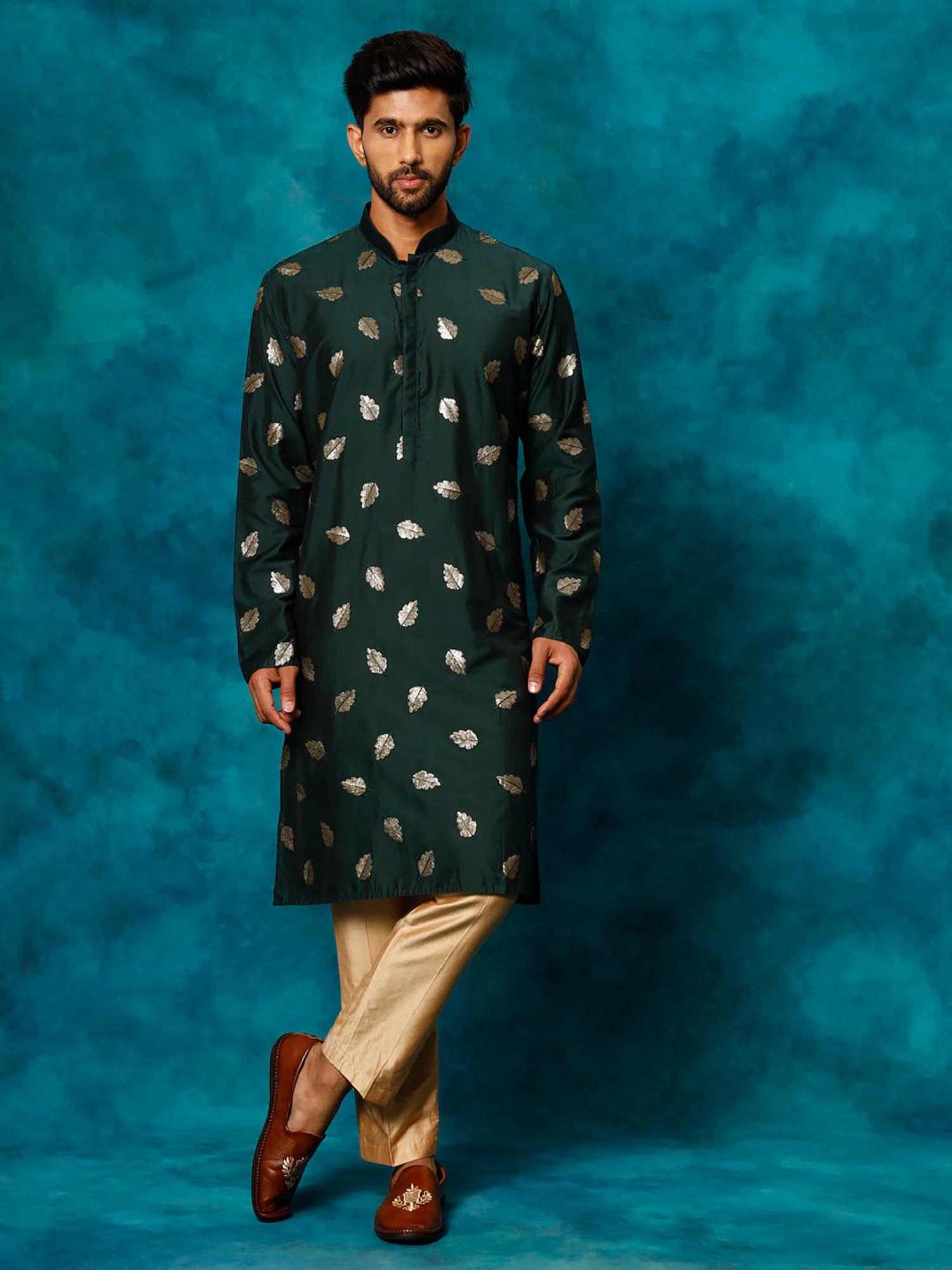 mens green & rose gold cotton blend kurta pyjama (set of 2)