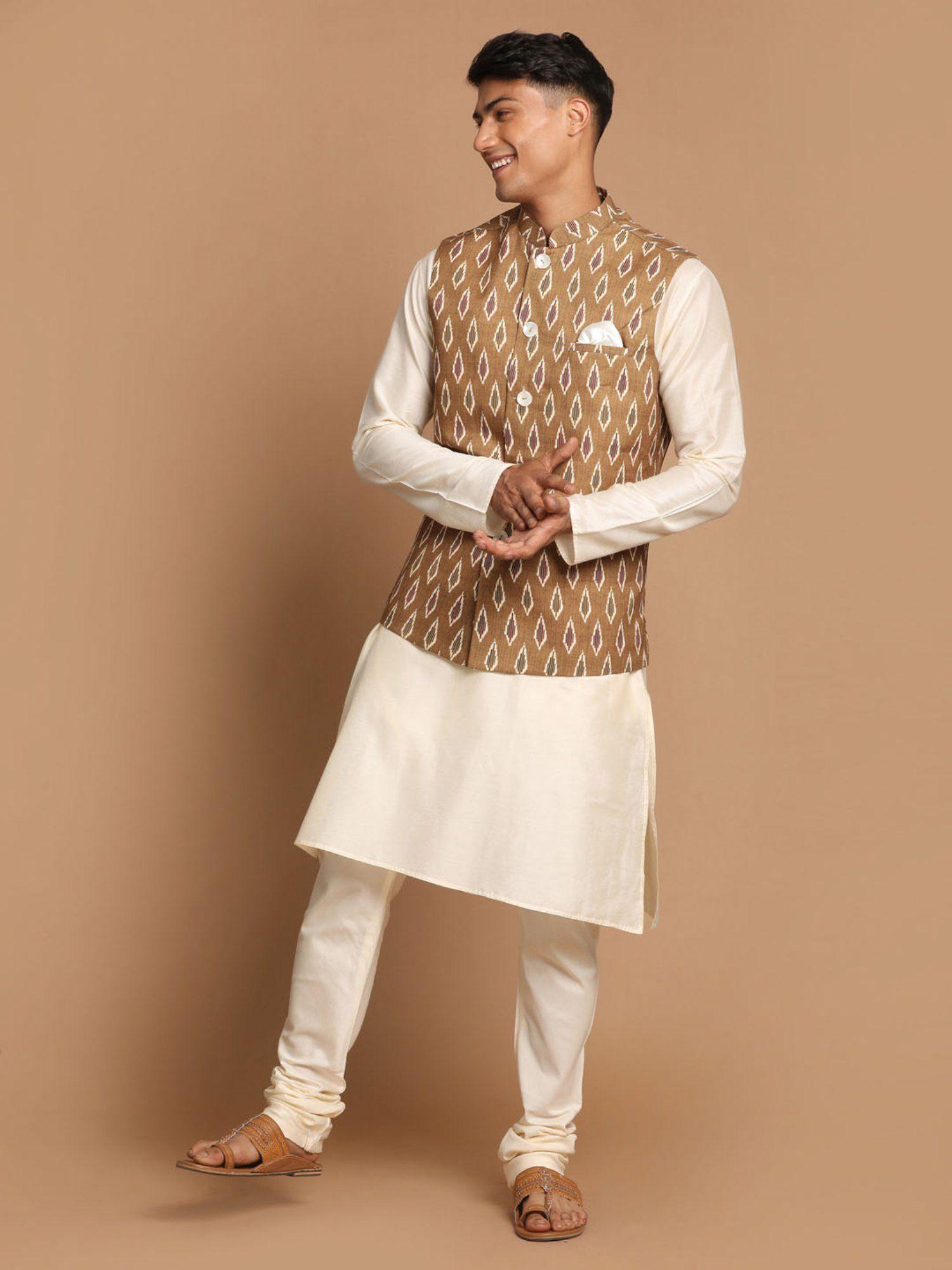 mens green and cream viscose jacket - kurta and pyjama (set of 3)