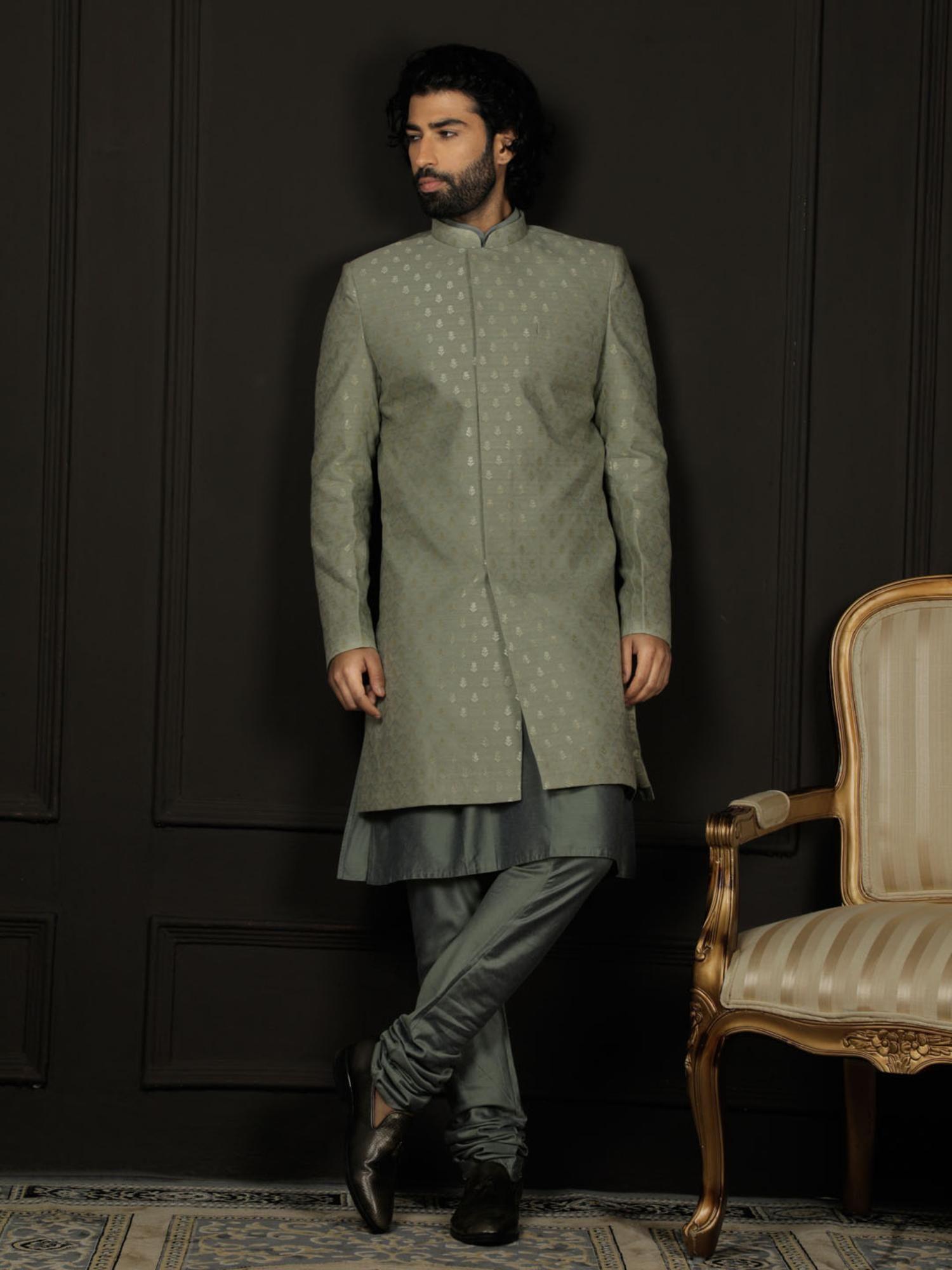 mens green and olive green viscose sherwani and chudidar (set of 2)