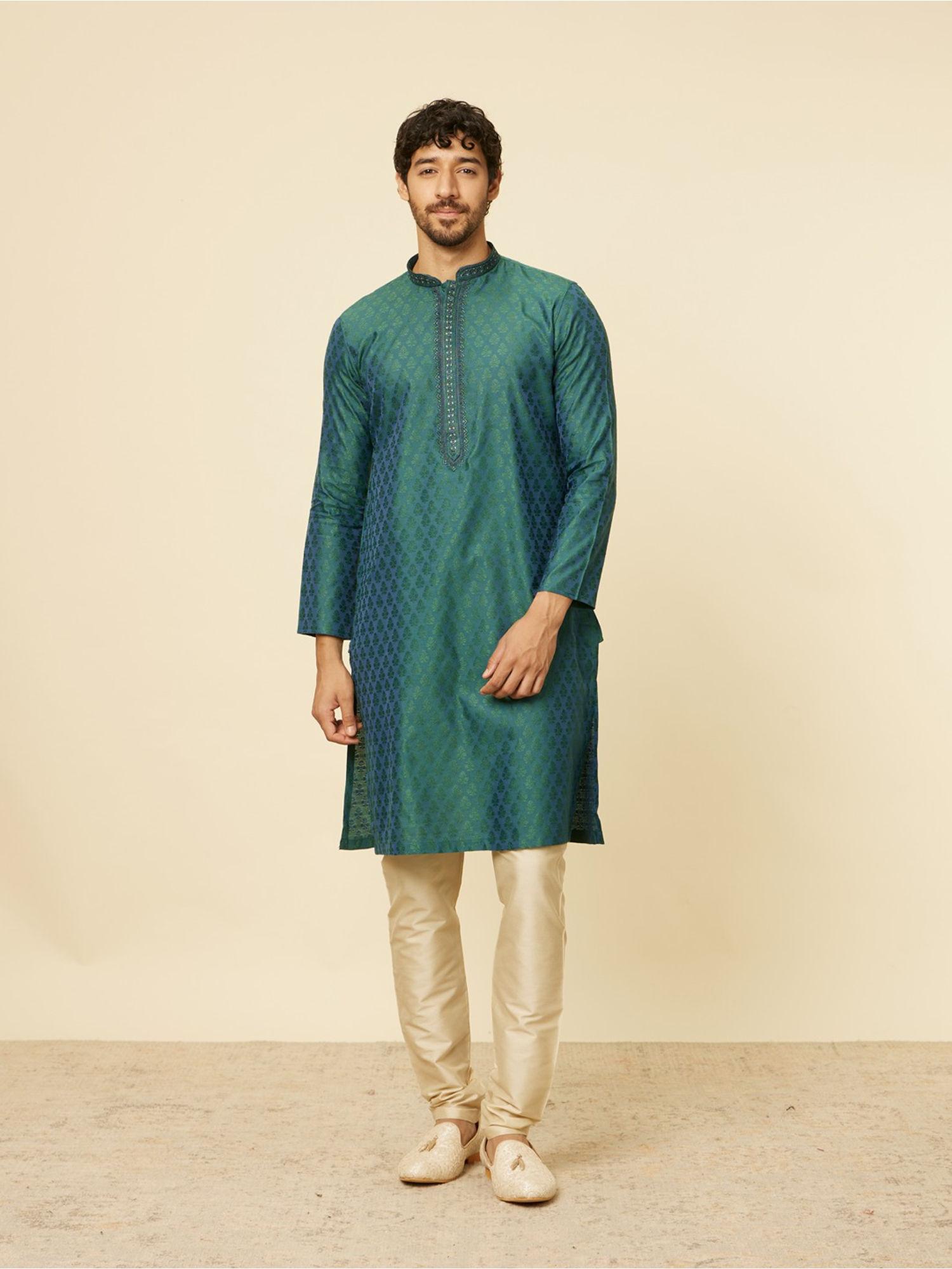 mens green blended viscose self design kurta pyjama (set of 2)