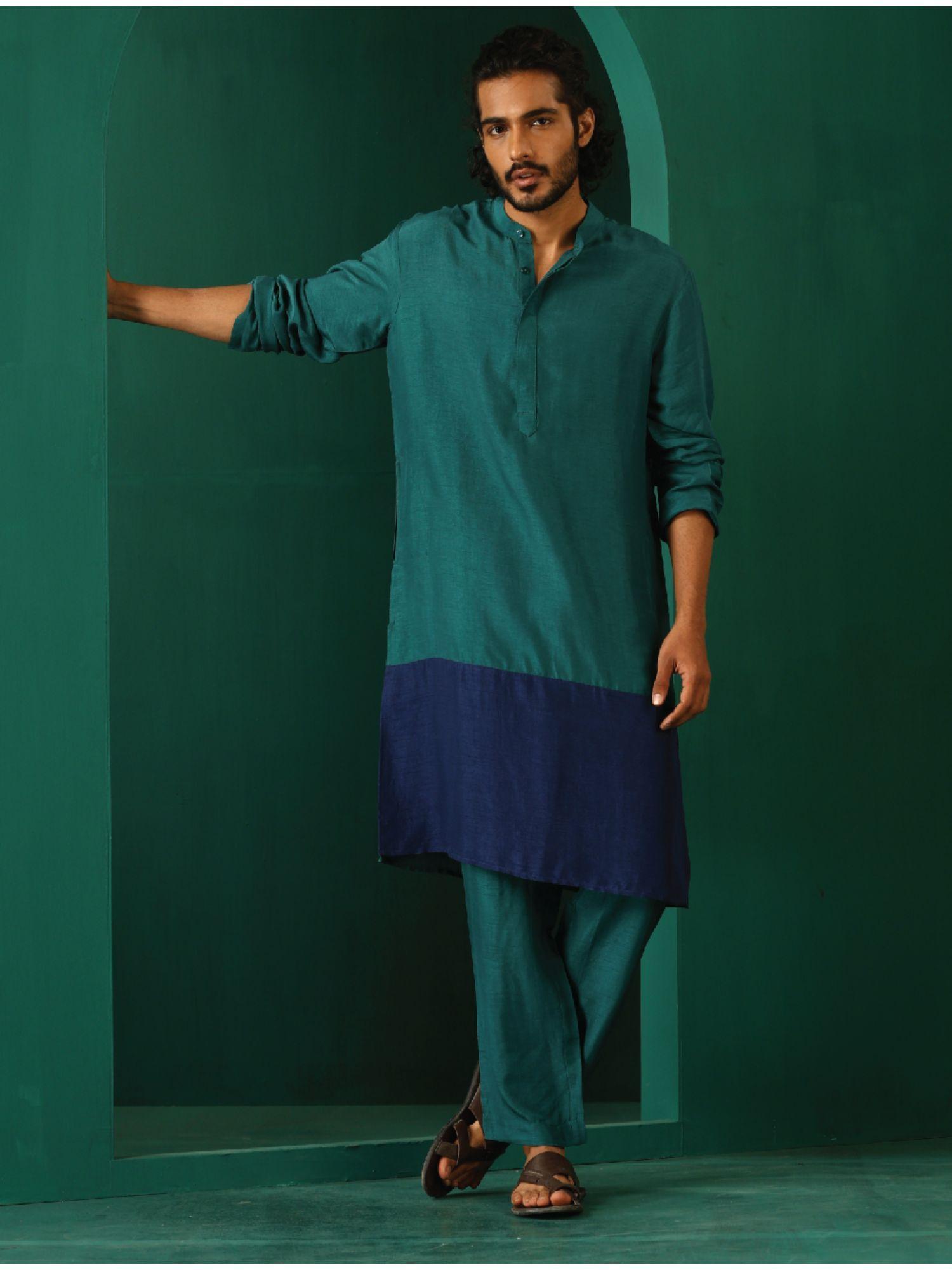 mens green colorblock silk long kurta