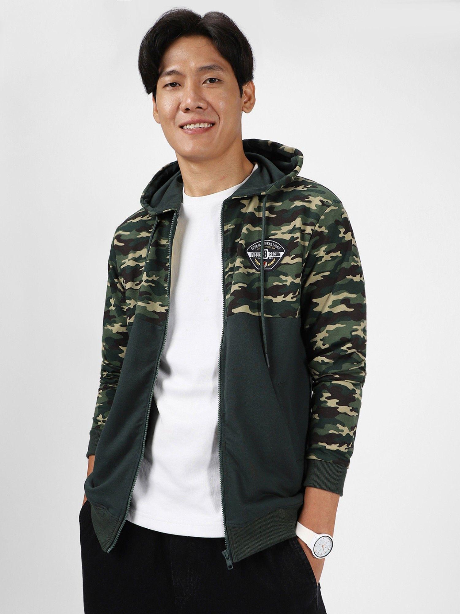 mens green cotton camouflage printed hooded neck sweatshirt