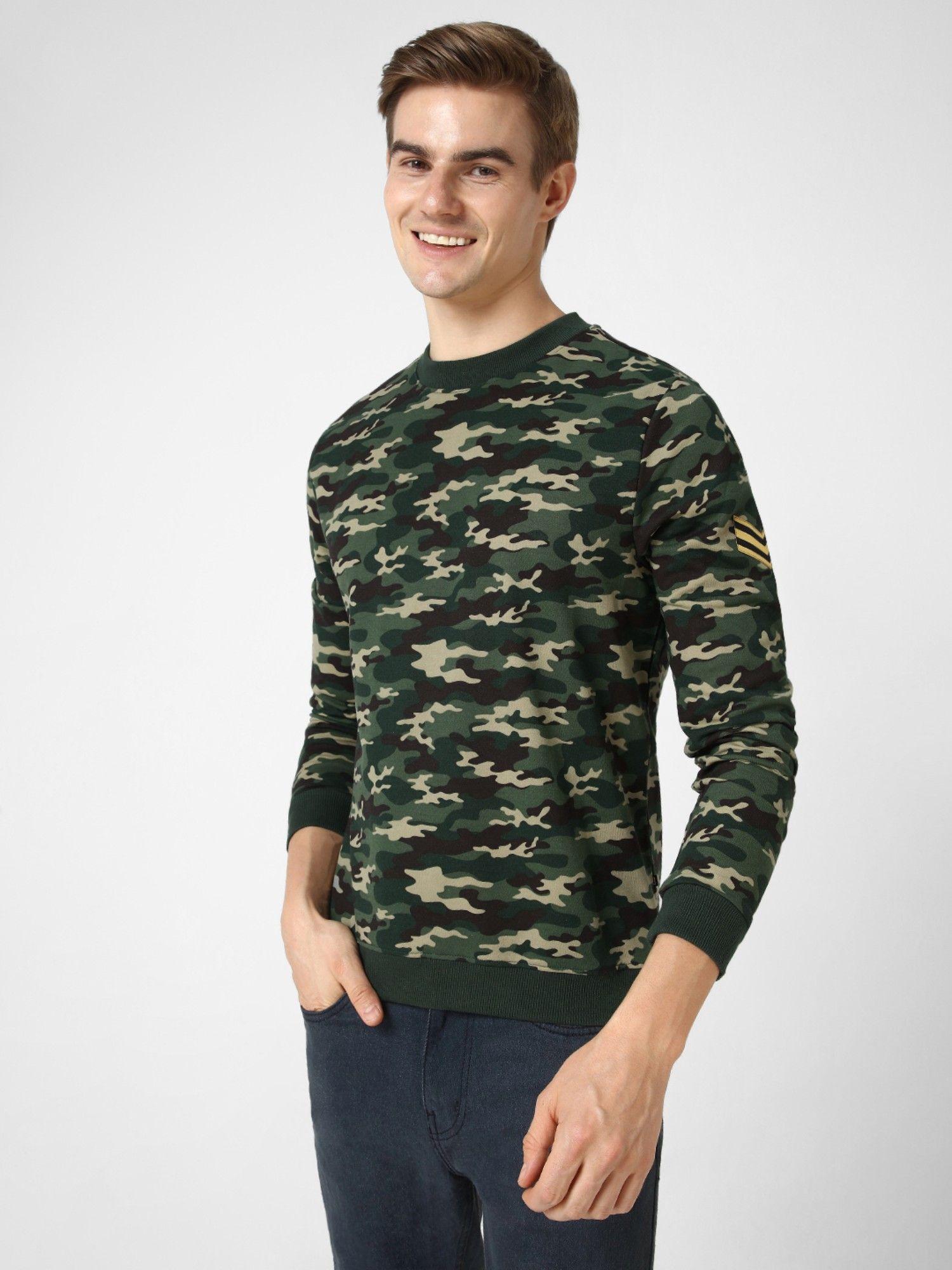 mens green cotton camouflage printed round neck sweatshirt