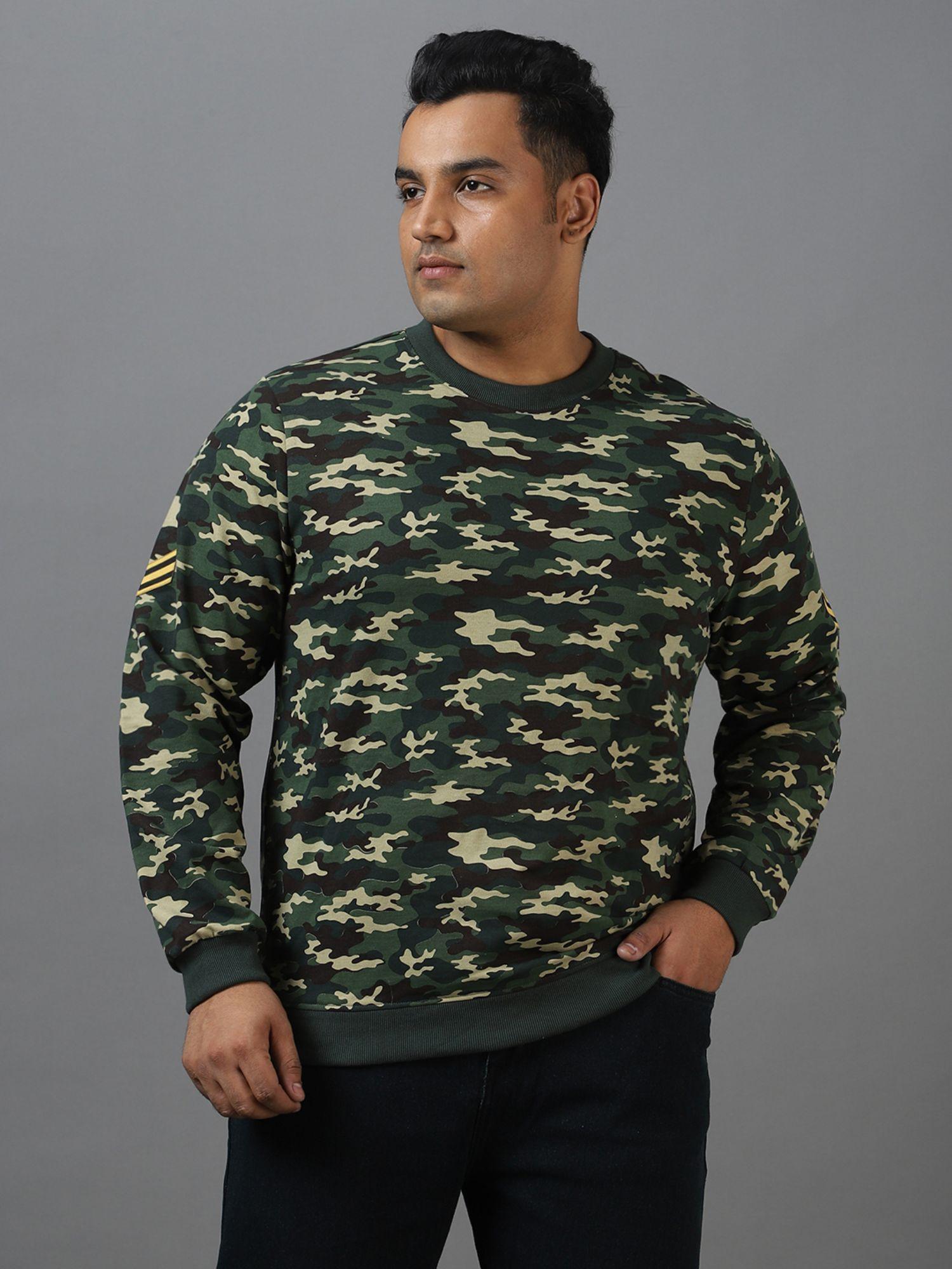 mens green cotton camouflage printed round neck sweatshirt