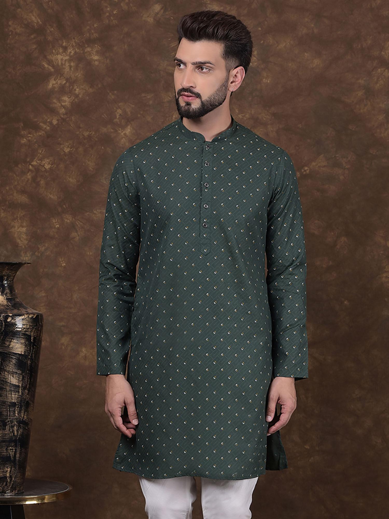 mens green cotton mandarin collar woven design kurta