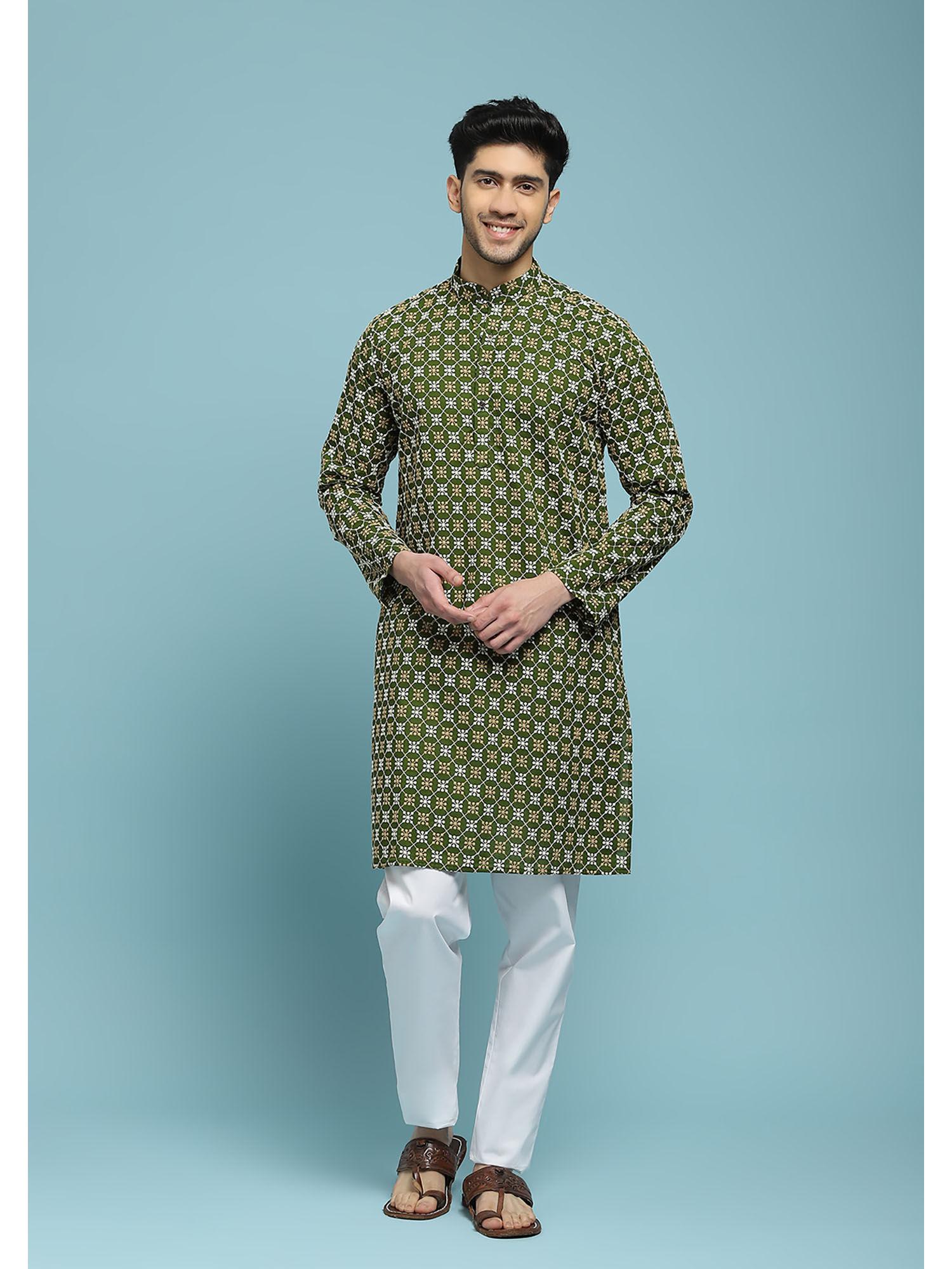 mens green cotton schiffli embroidered long kurta