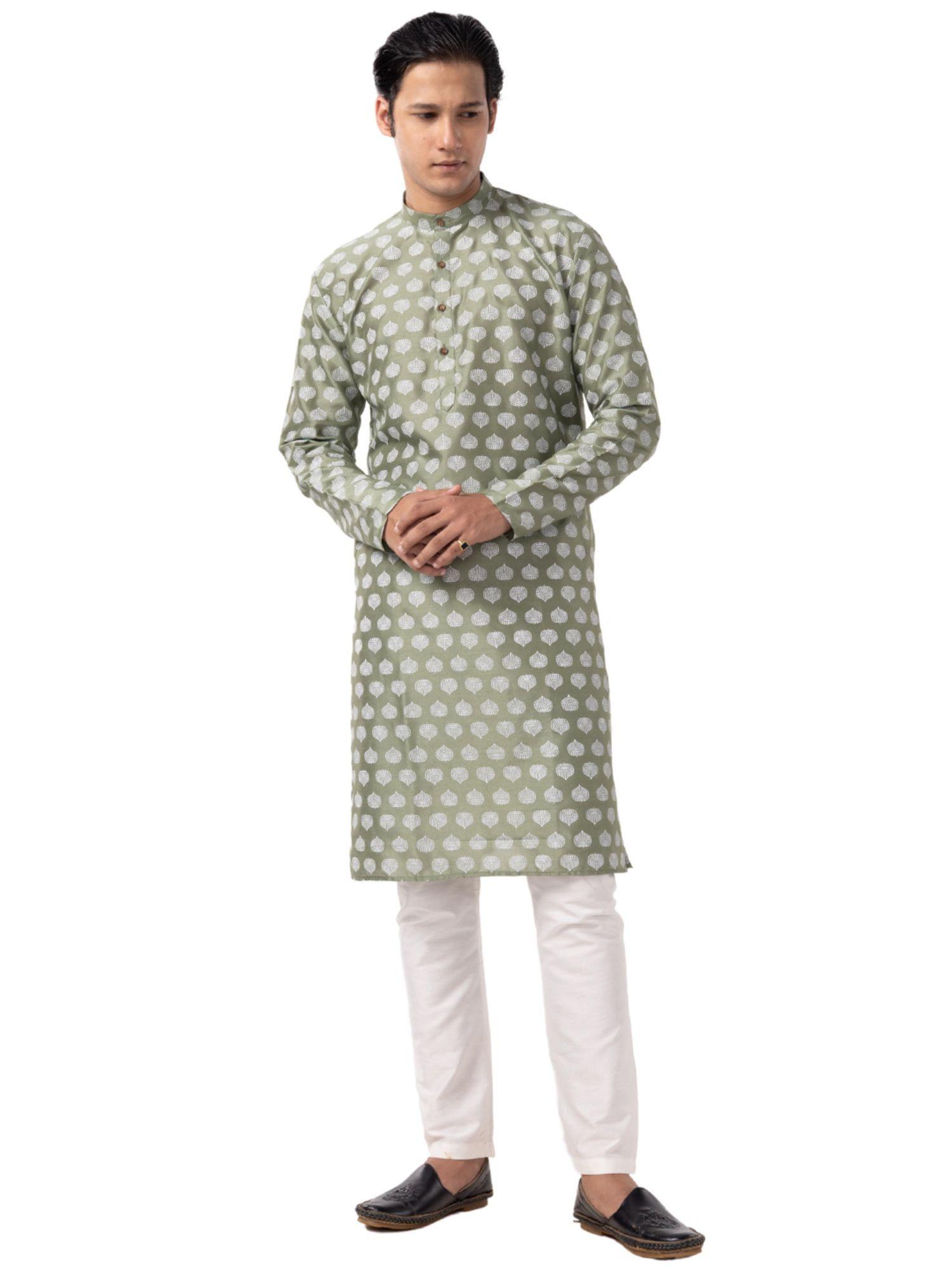 mens green cotton silk blend comfort fit printed kurta