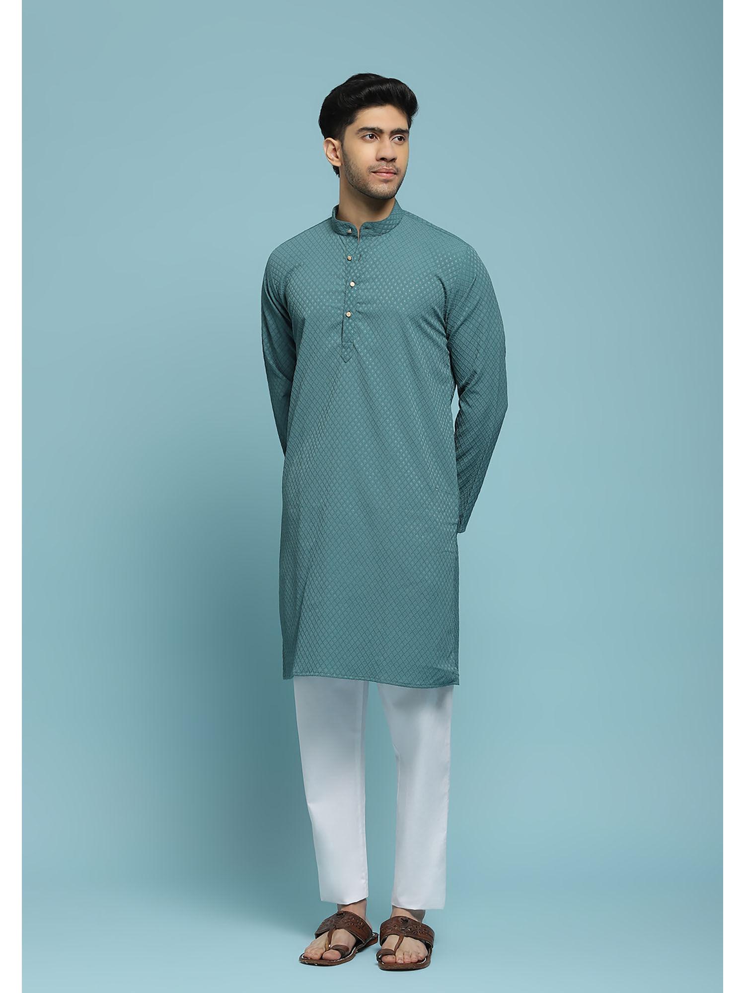 mens green dobby embroidered long kurta