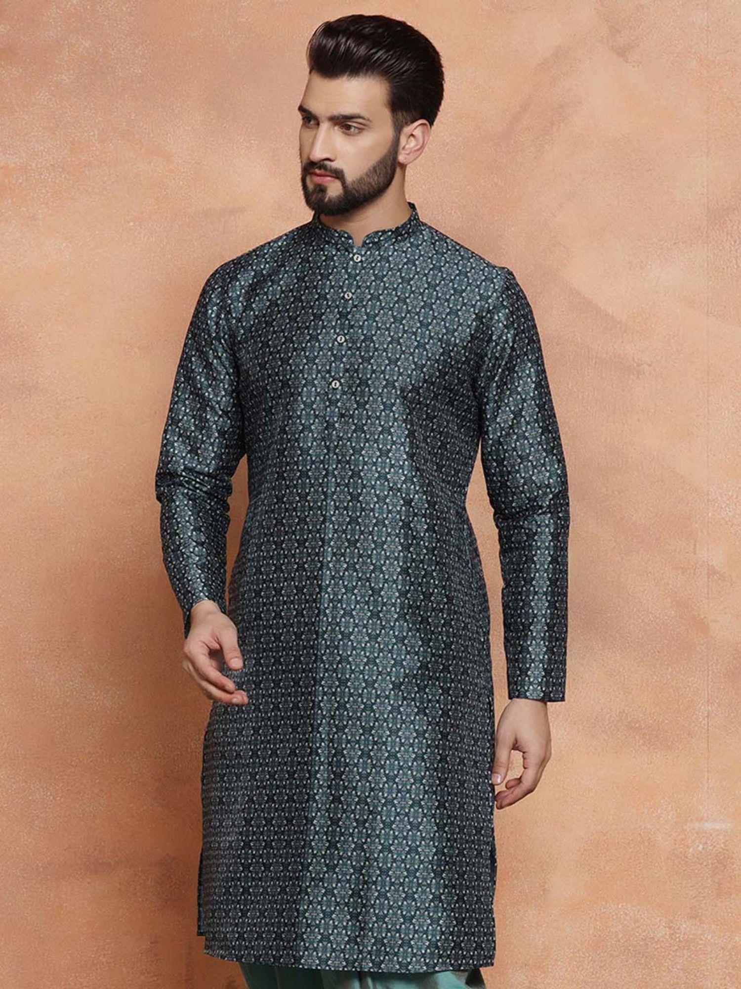 mens green embellished kurta