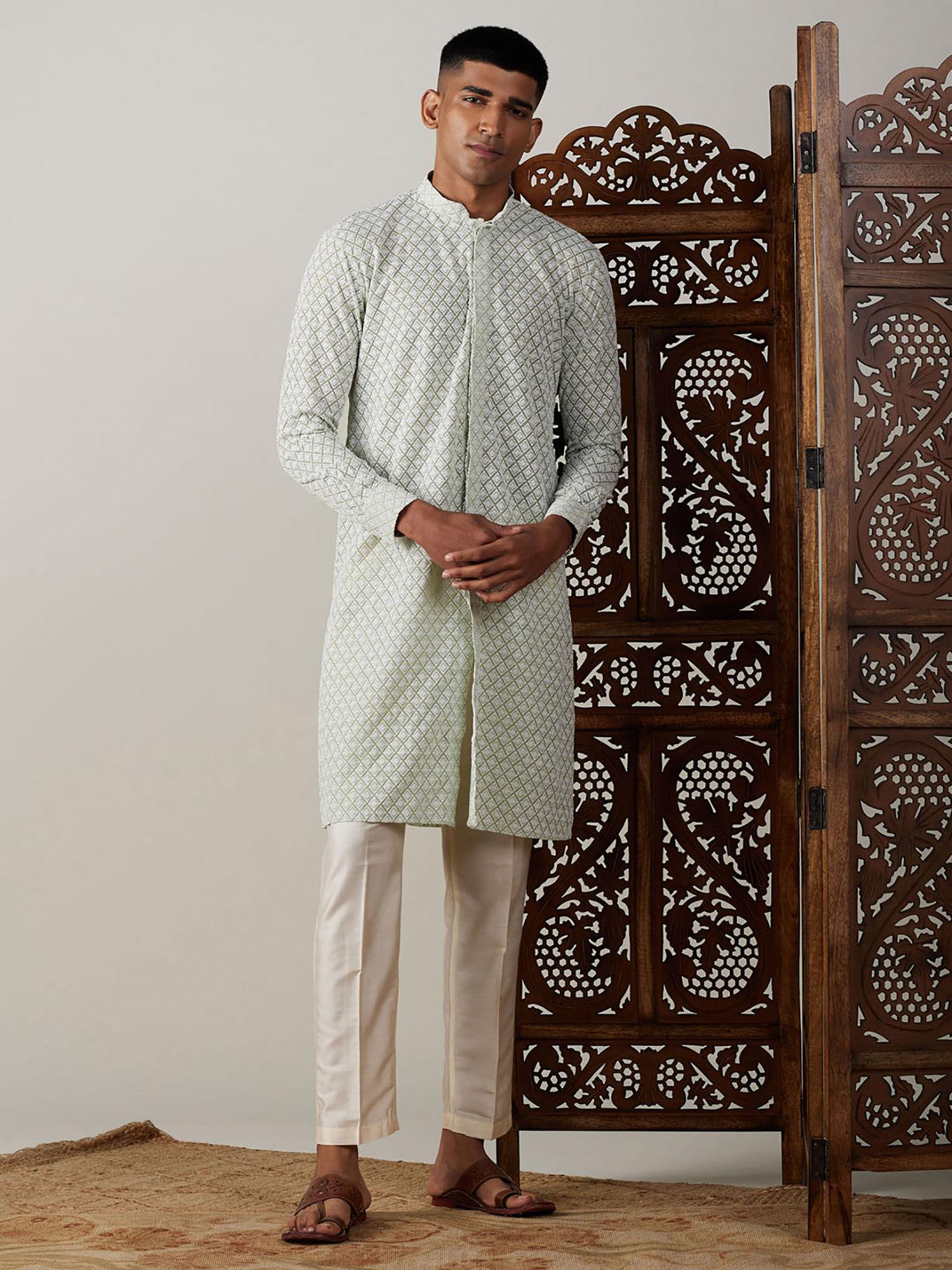 mens green georgette kurta & pant (set of 2)