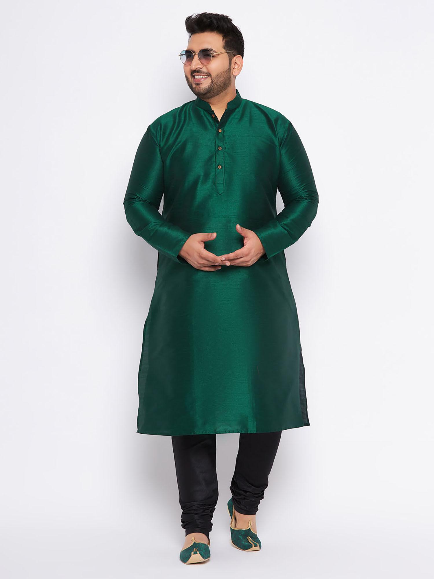 mens green silk blend kurta pyjama (set of 2)