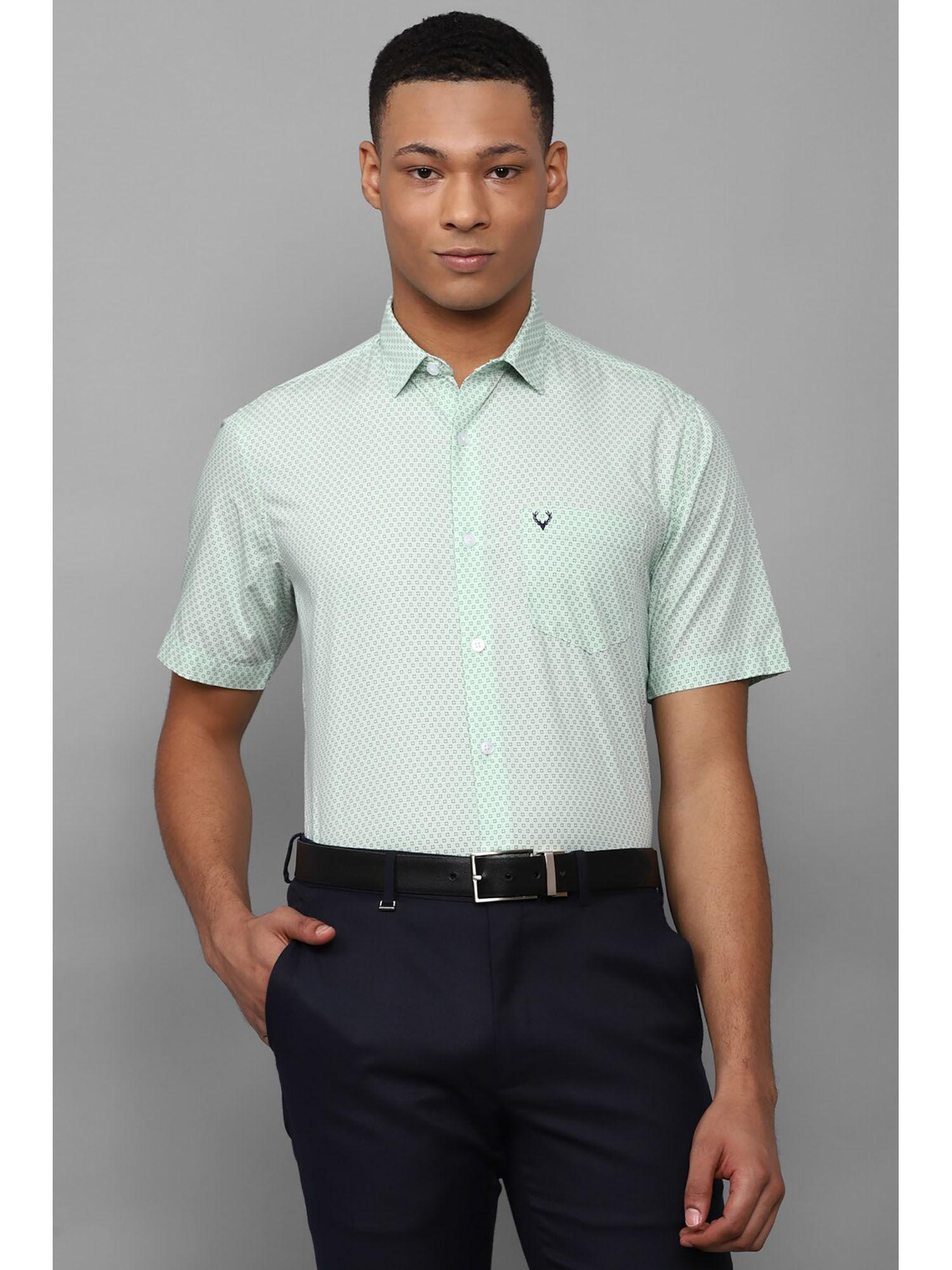 mens green slim fit print half sleeves formal shirt
