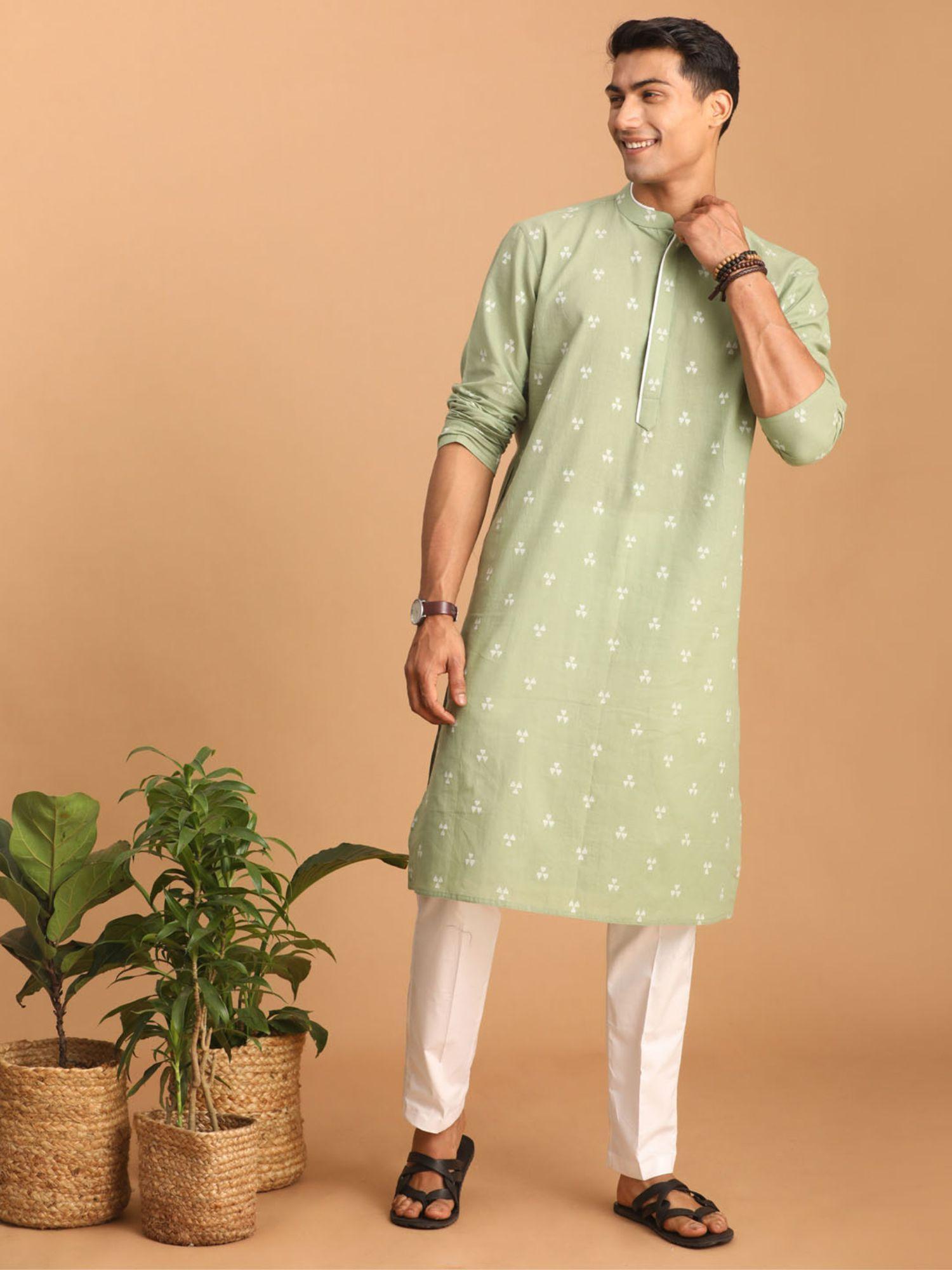 mens green with white cotton kurta and pyjama (set of 2)