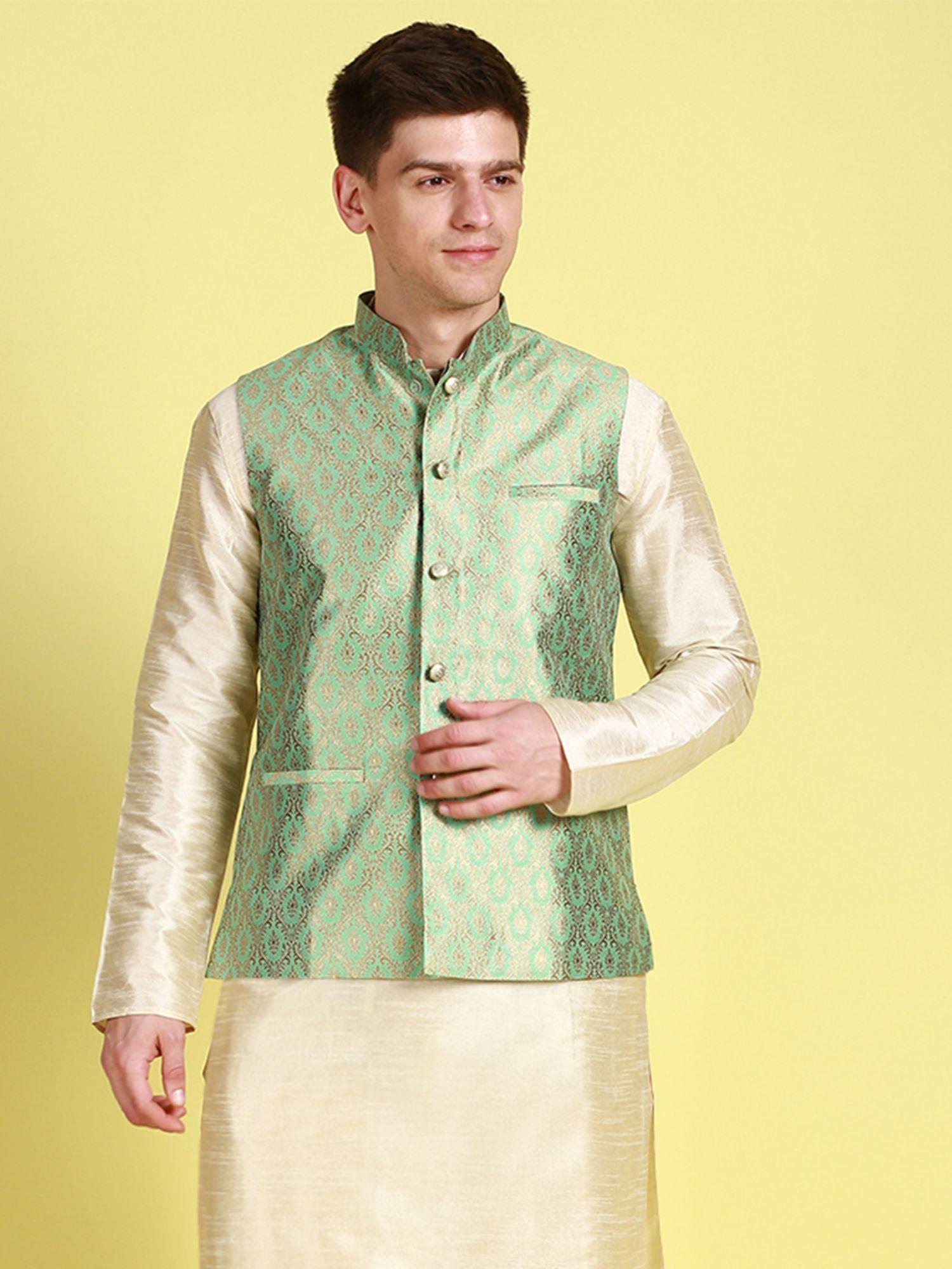 mens green woven floral pattern ethnic bandi jacket