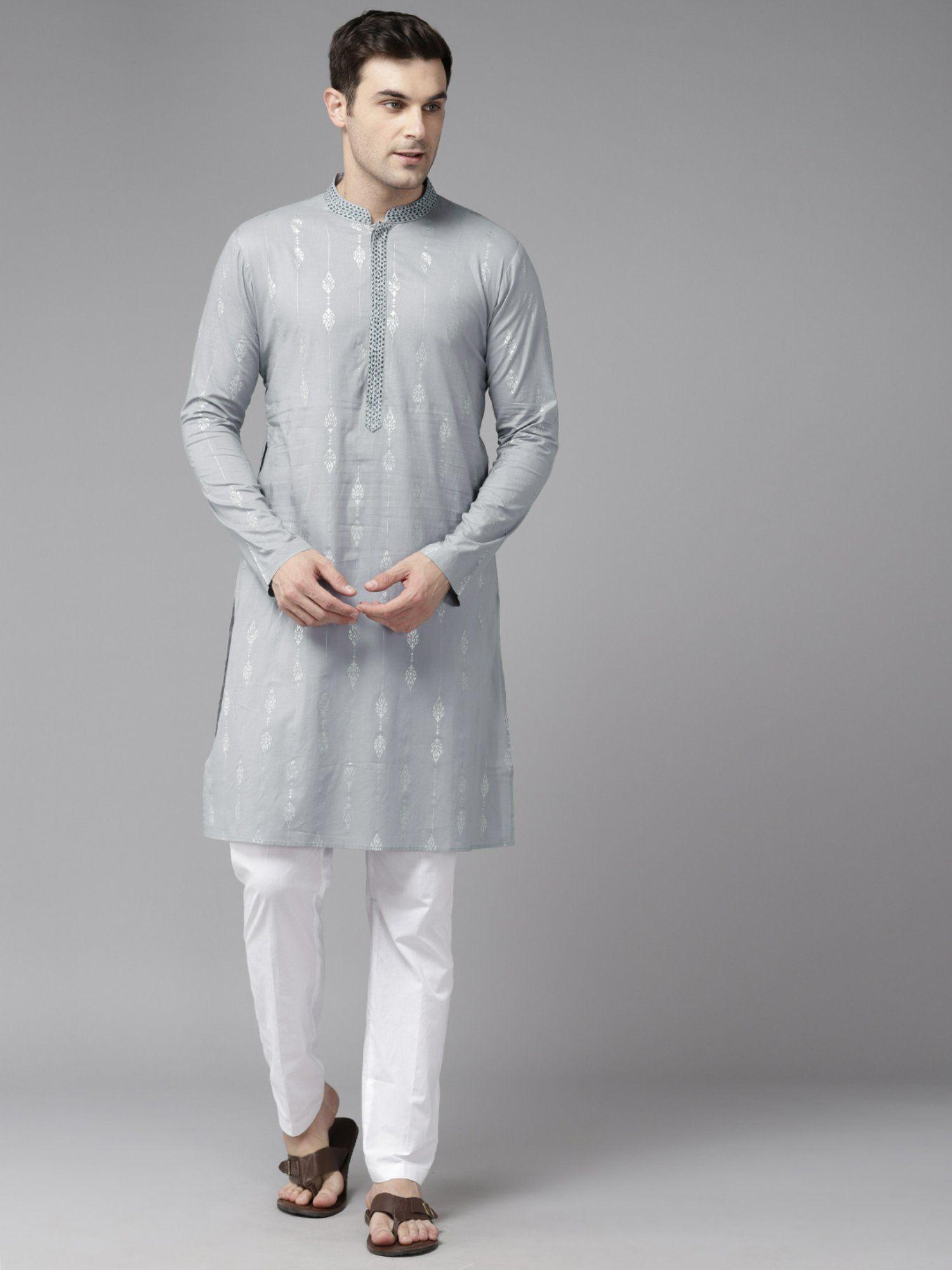 mens grey & blue pure cotton embroidered straight kurta with pyjama (set of 2)